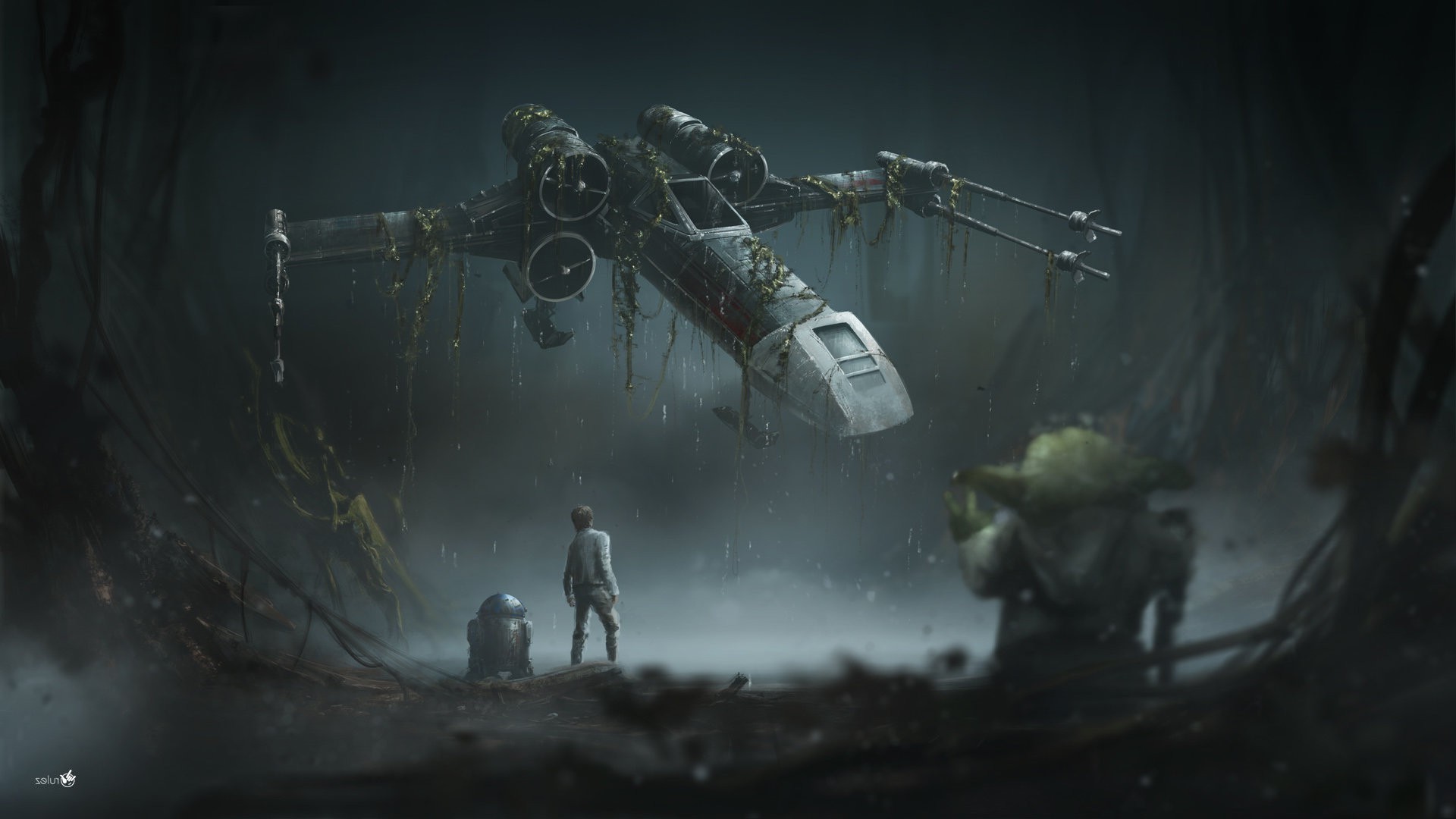 Yoda, Luke Skywalker, R2-D2, X-wing, Dagobah, 16:9 Full HD, wallpaper widescreen