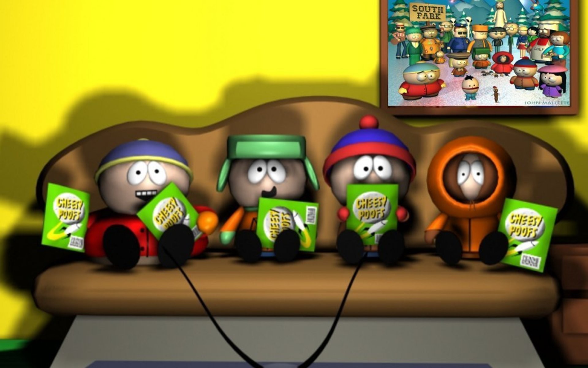 South Park, Stan Marsh, Kyle Broflovski, Kenny McCormick, Cheesy Poofs, Rendering 3D, immagine di sfondo