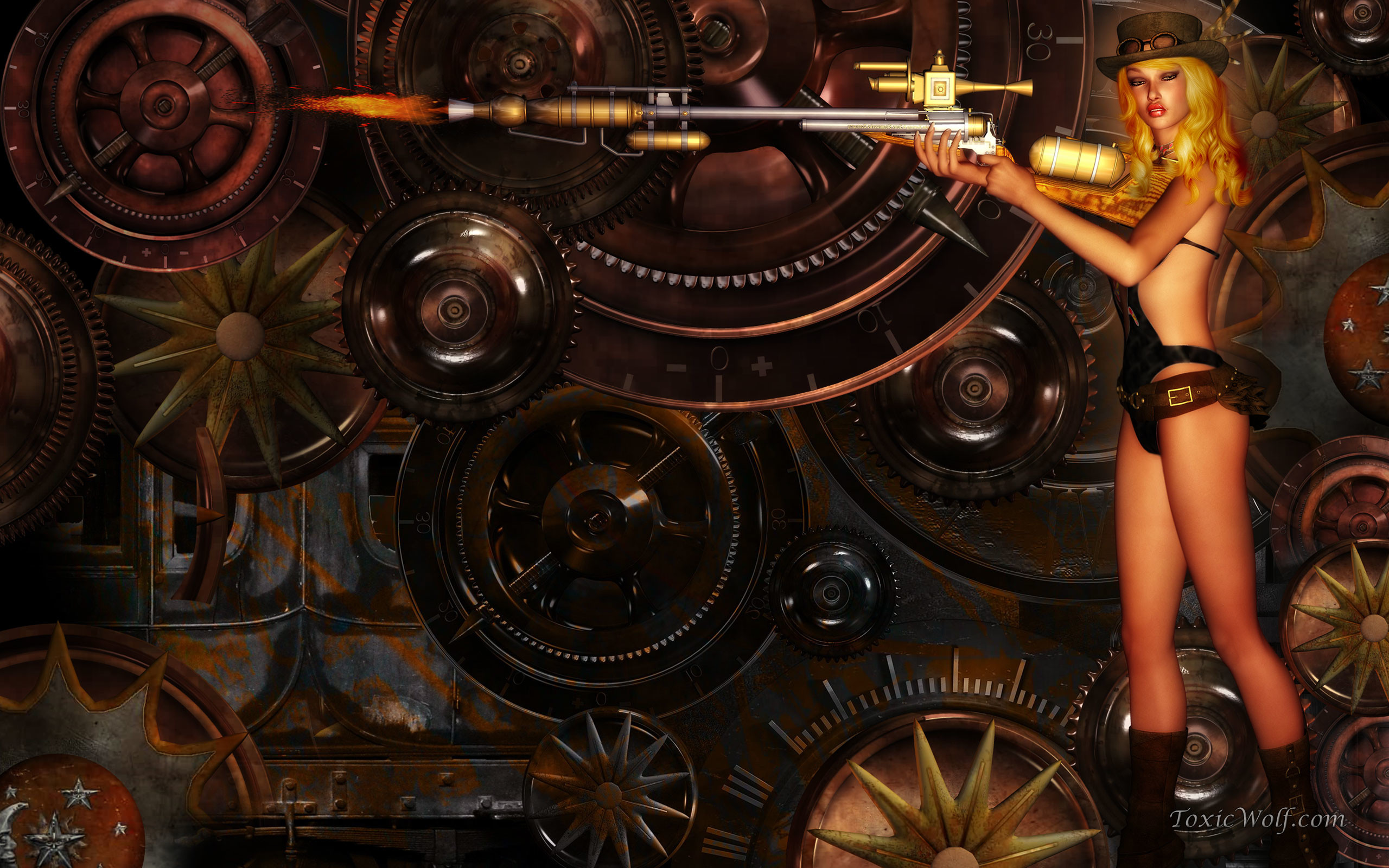 Ragazza steampunk, Fucile, Ingranaggi, Pin-up, 2K, sfondo desktop