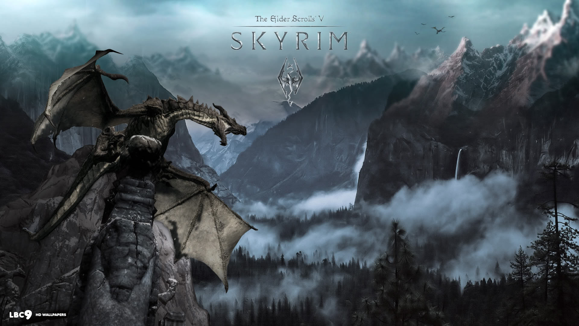 The Elder Scrolls V: Skyrim, Drago, Montagne, Logo, 1920x1080, immagine di sfondo