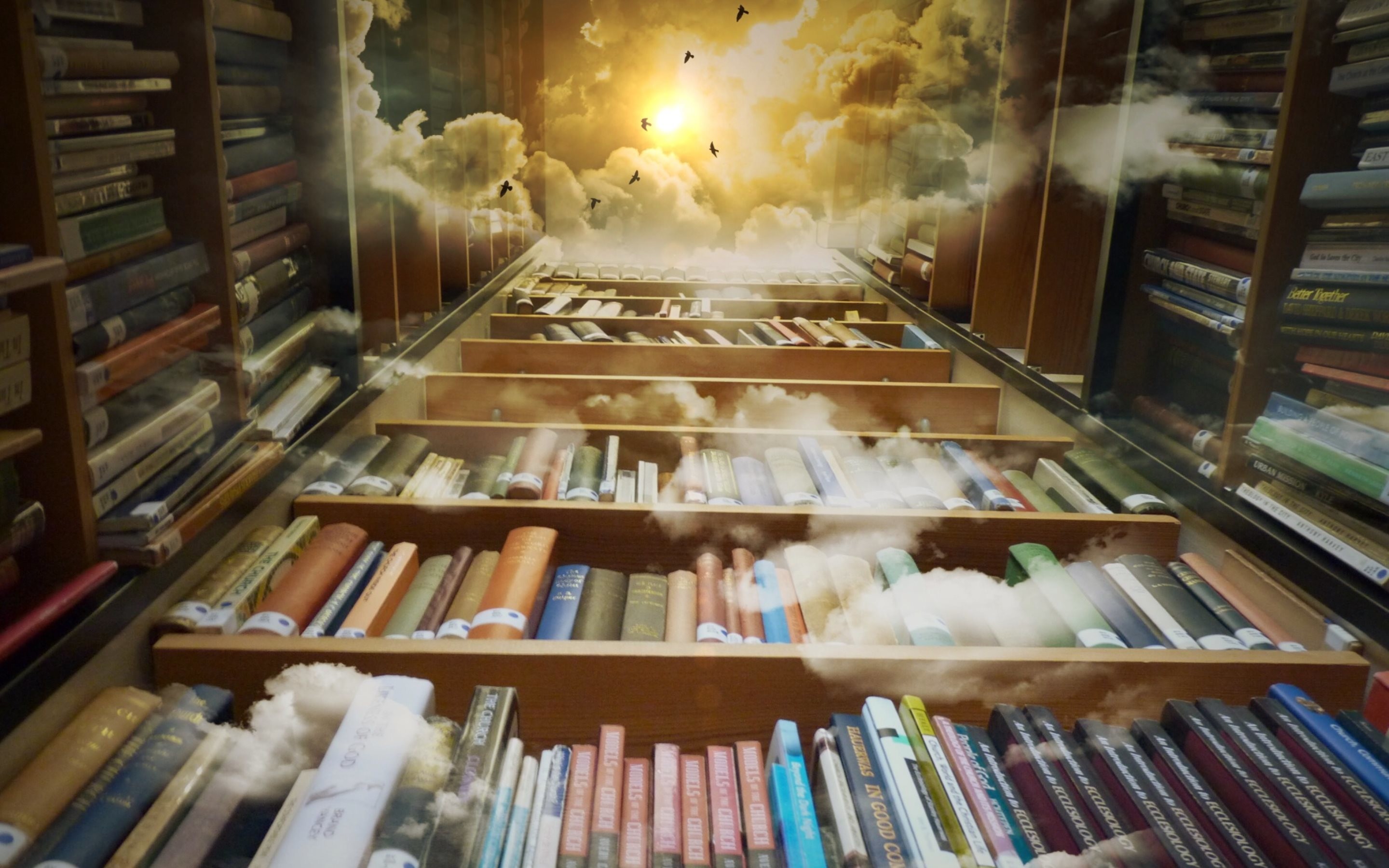 Biblioteca, Scaffali, Libri, Nuvole, Surreale, 16:10 2K, wallpaper widescreen