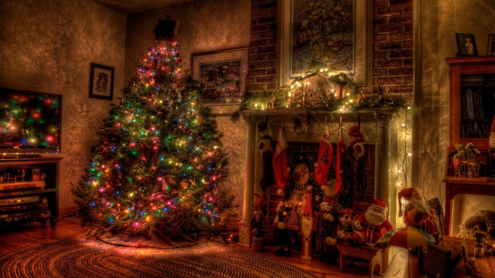 Natale, Albero di Natale, Camino, Calze natalizie, Soggiorno, 1920x1080, immagine di sfondo