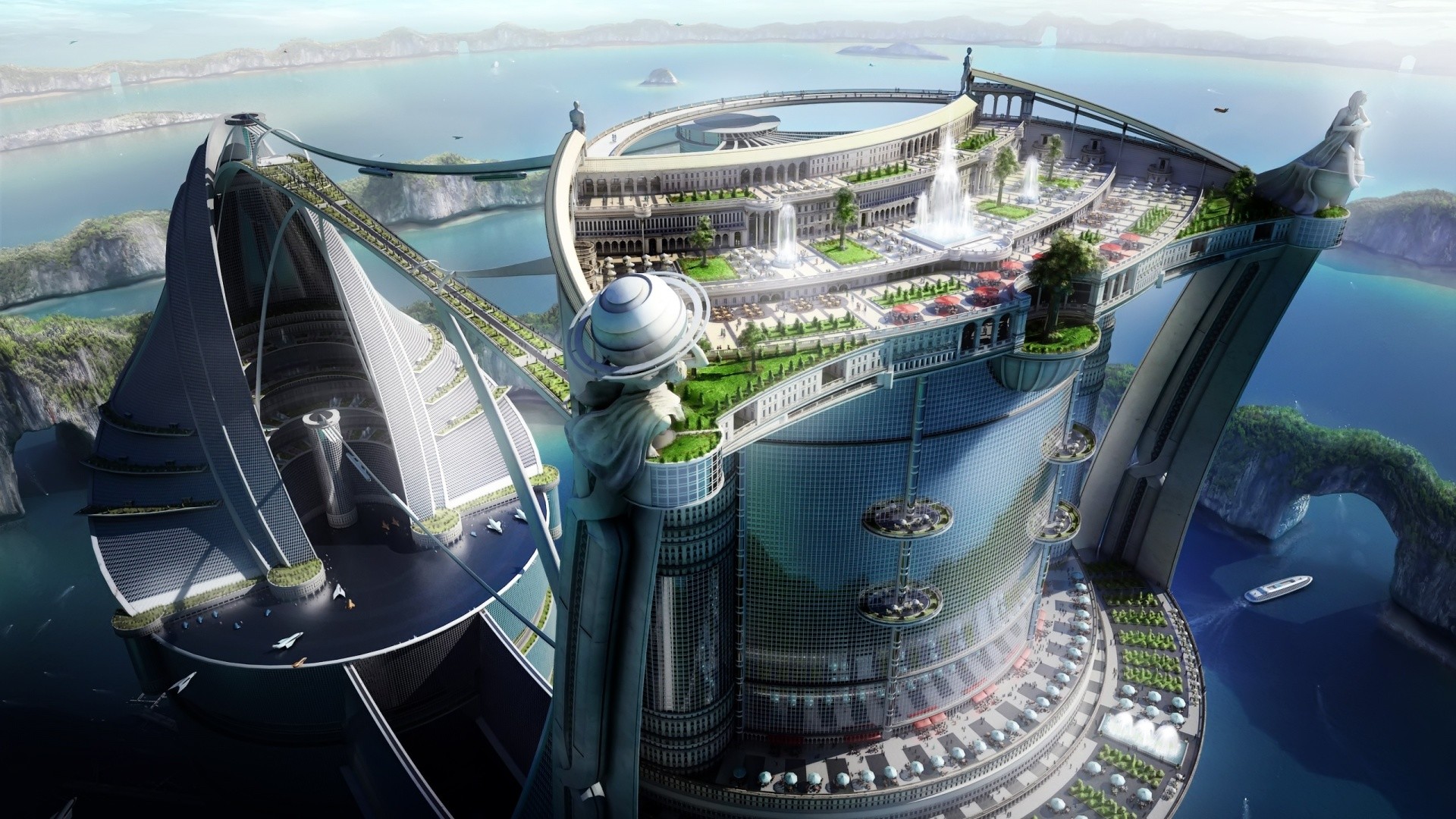 Città futuristica, Grattacielo, Architettura futuristica, Mare, Giardino pensile, sfondo Full HD