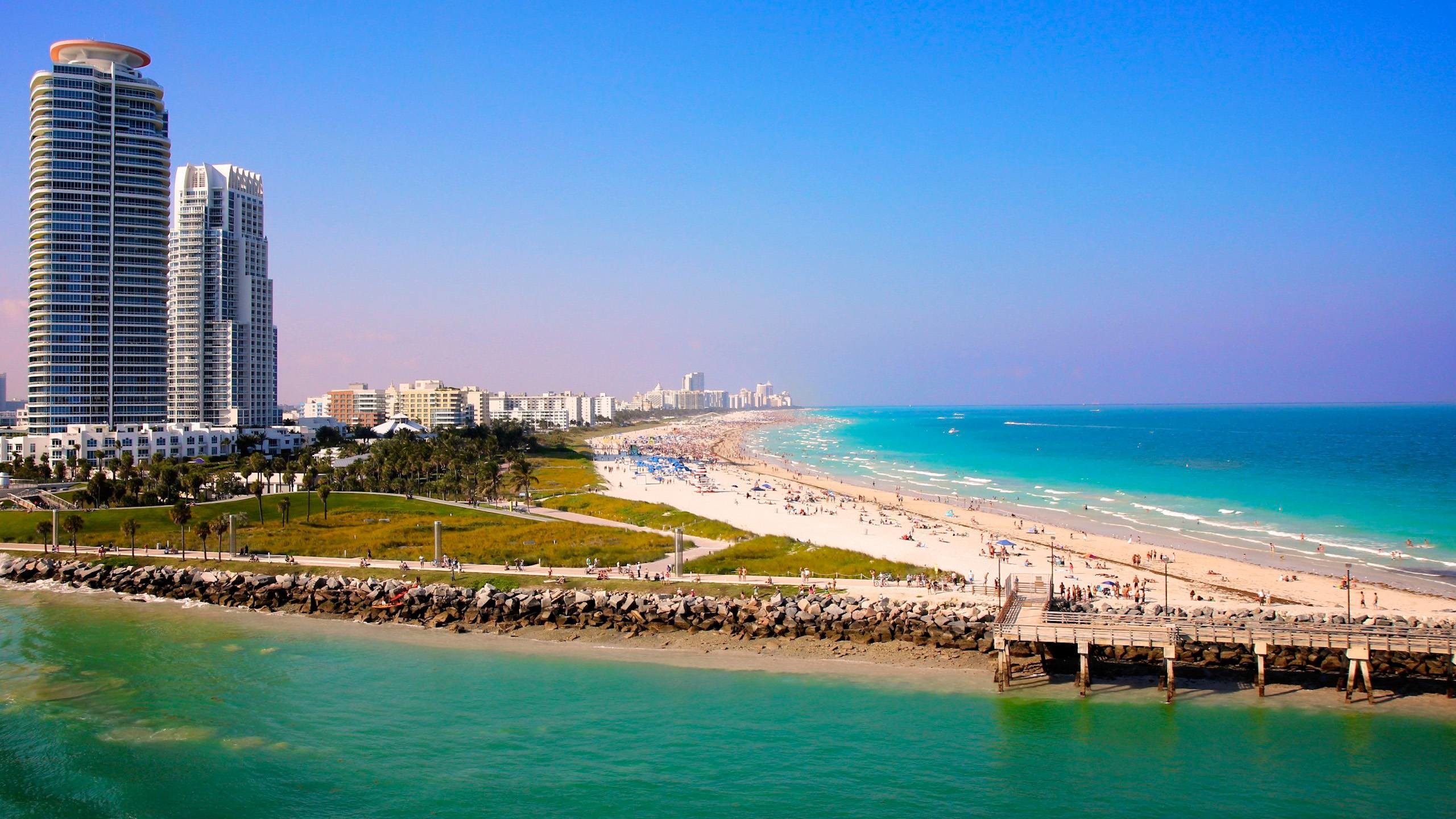 South Pointe Park, Miami Beach, Spiaggia, Molo, Mare turchese, 2560x1440, immagine di sfondo