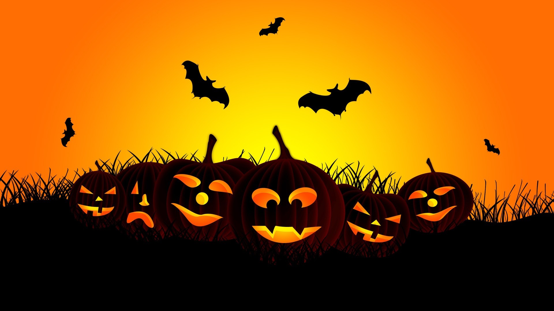 Jack-o'-lantern, Pipistrelli, Tramonto, Arancione, Silhouette, Full HD 1080p, sfondo desktop