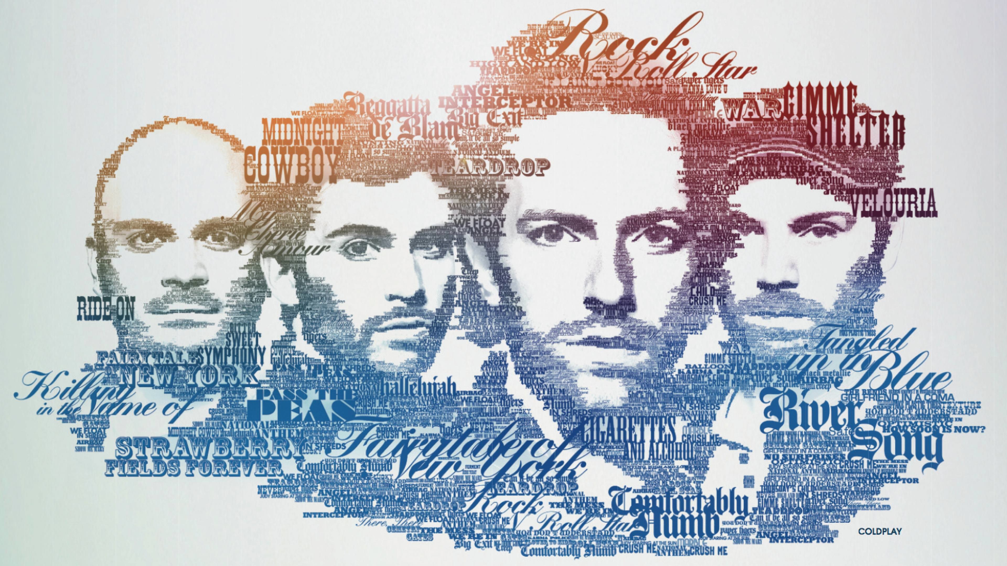 Coldplay, Chris Martin, Jonny Buckland, Guy Berryman, Will Champion, Tipografia, sfondo 4K