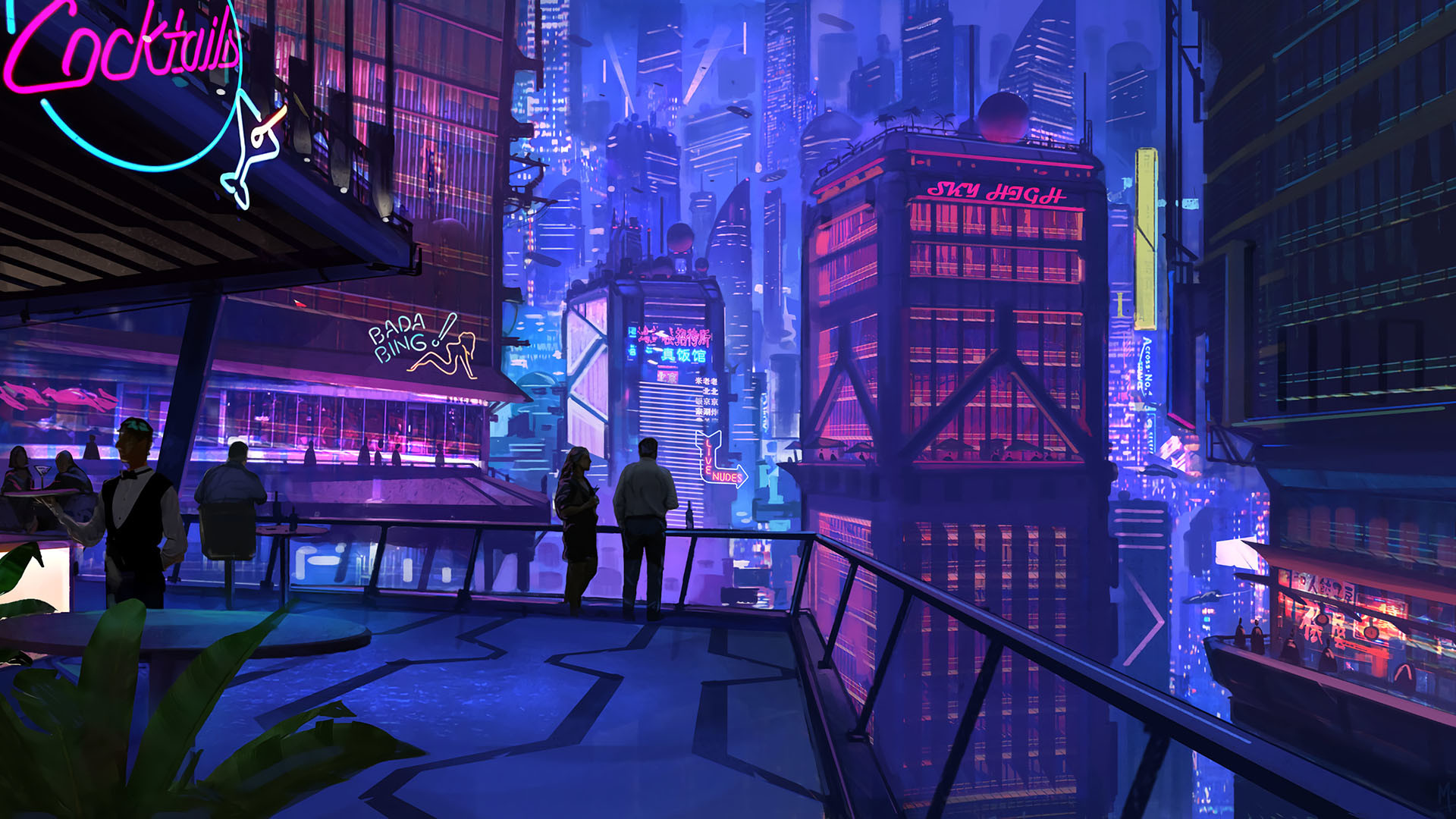 Cyberpunk, Città futuristica, Insegne, Notte, Full HD, sfondo per portatile