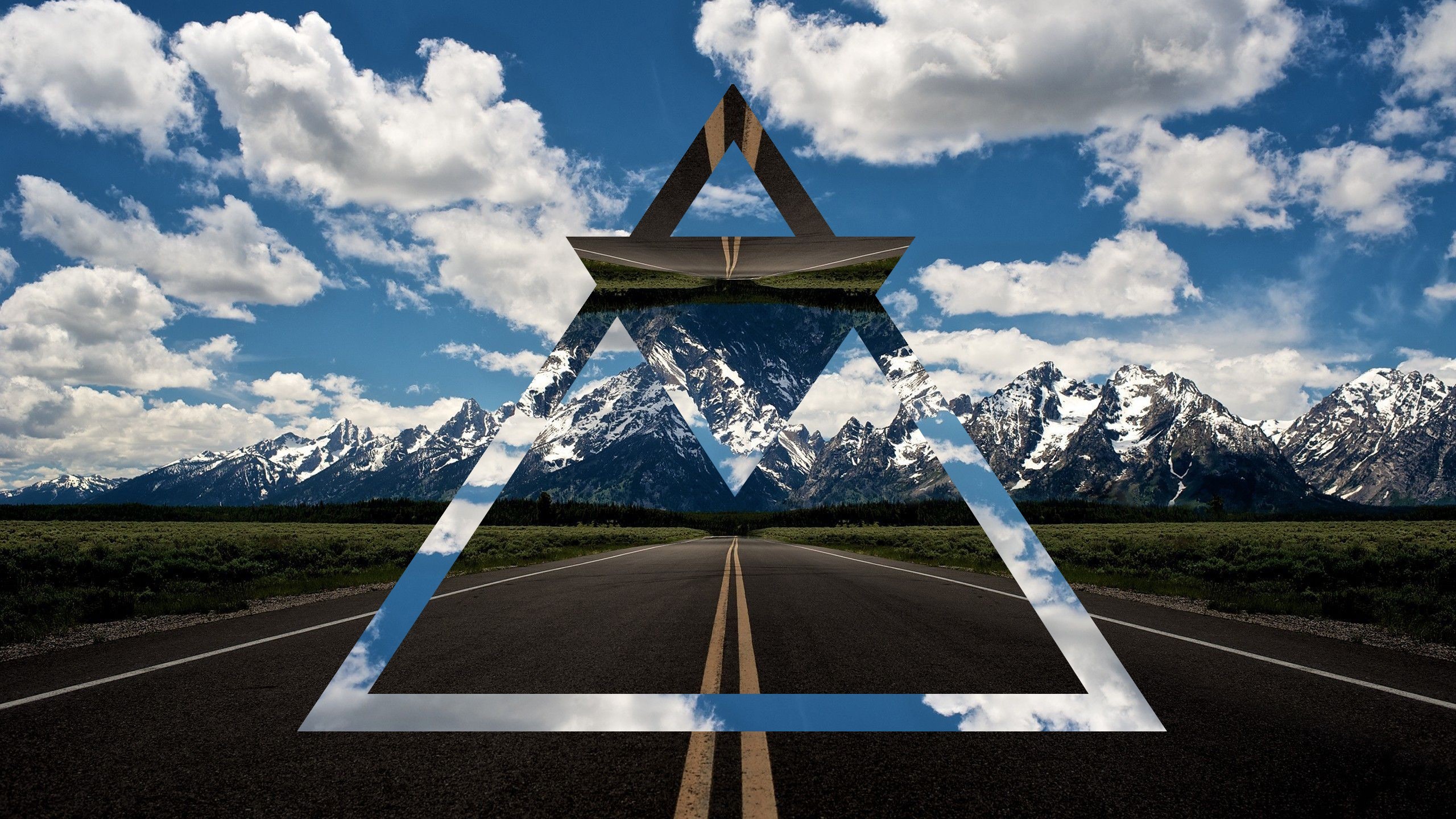 Triangolo, Strada, Montagne innevate, Nuvole, 16:9 2K, sfondo widescreen