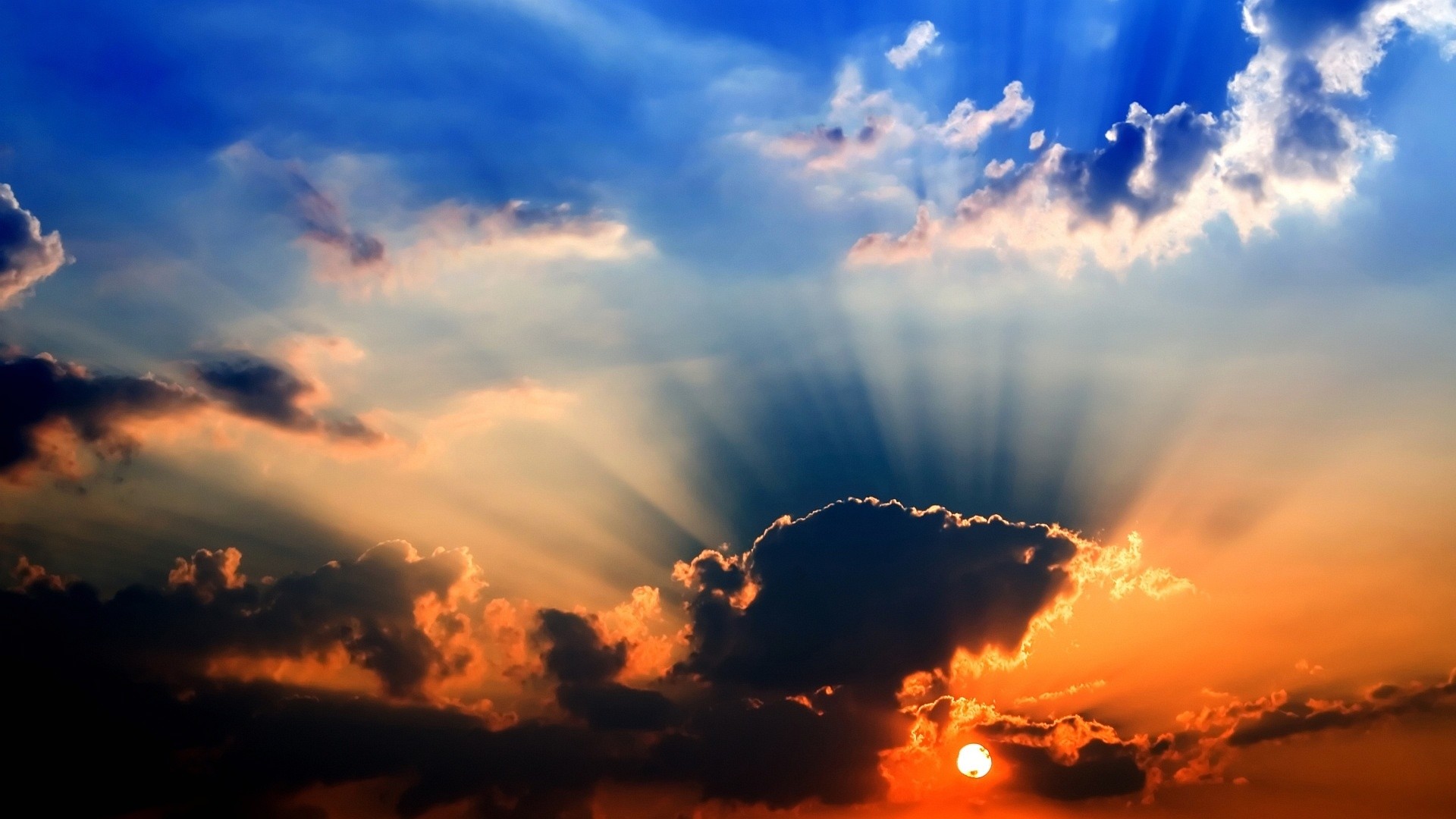 Raggi di sole, Nuvole, Cielo blu, Arancione, 1920x1080, immagine di sfondo