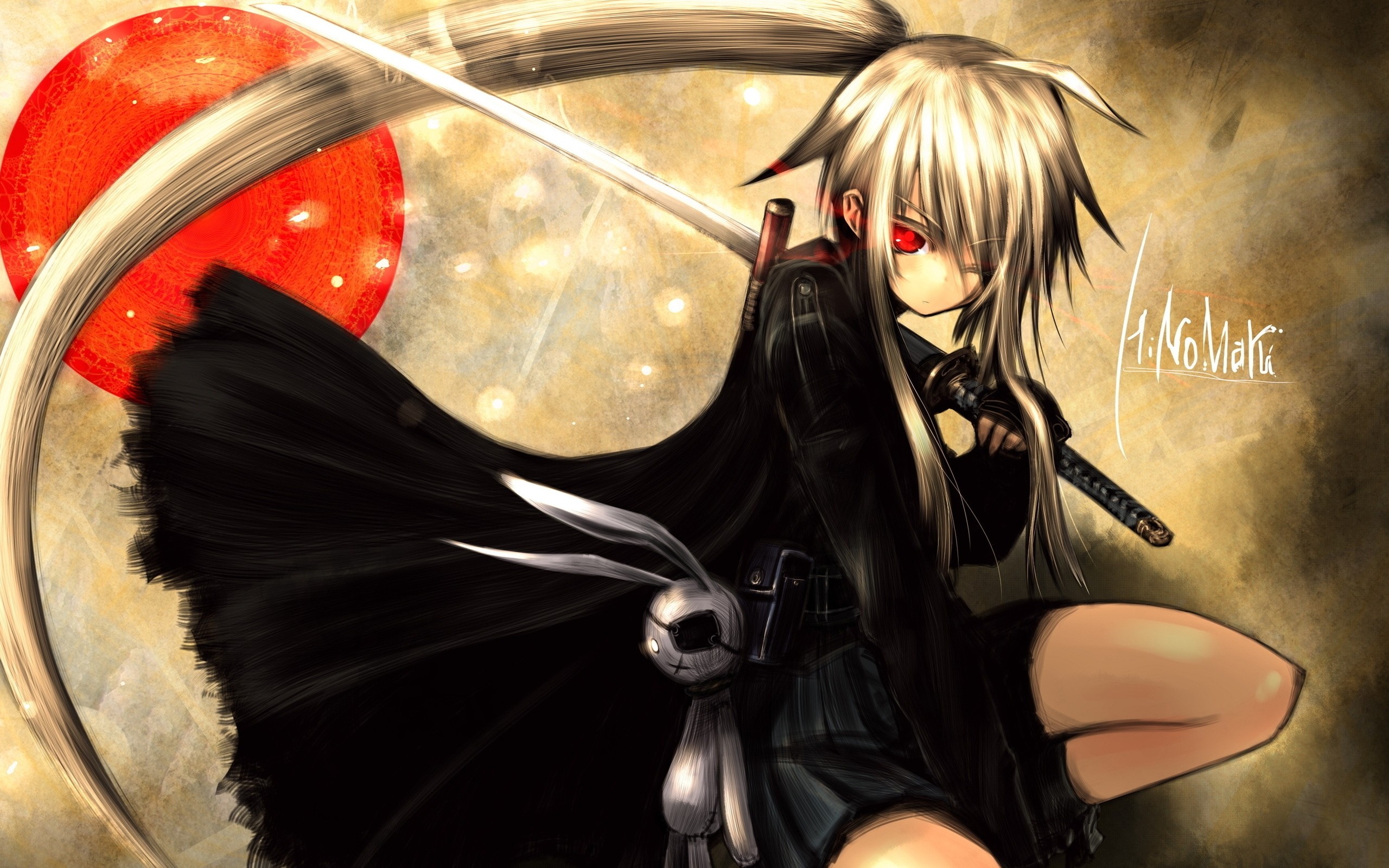 Katana, Ragazza anime, Occhi rossi, Illustrazione, 2K, sfondo per PC e portatile