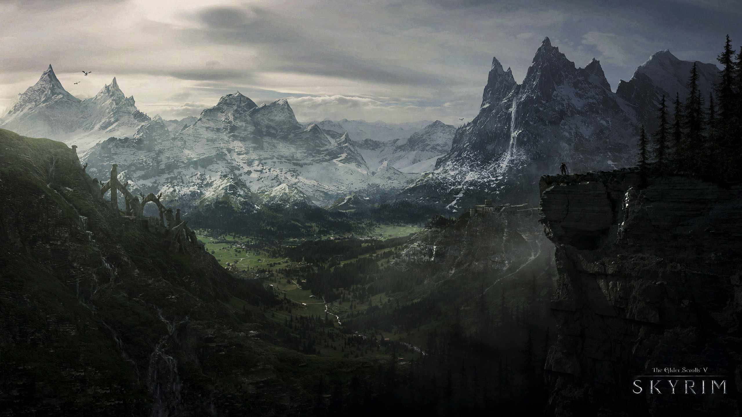 The Elder Scrolls V: Skyrim, Montagne innevate, Valle, Paesaggio, sfondo 16:9 2K