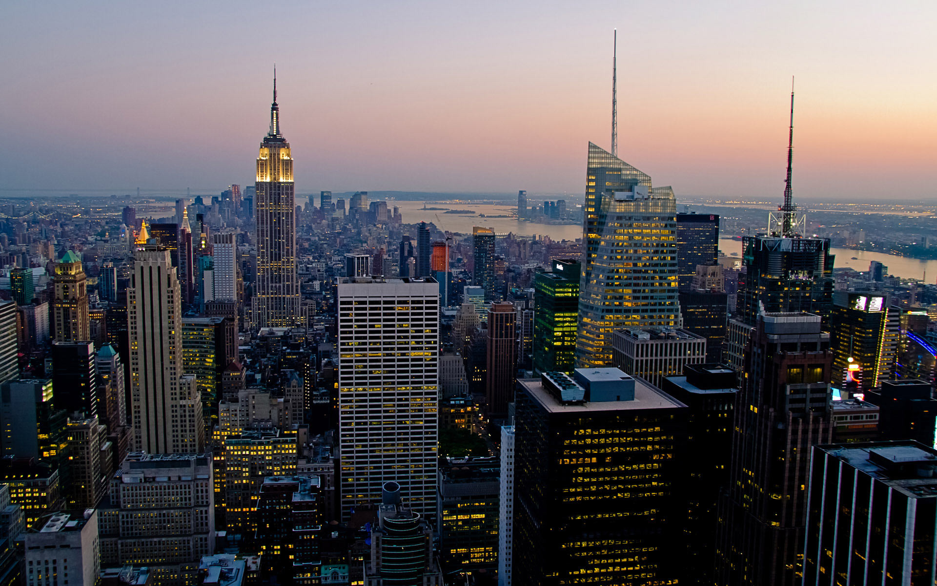 Empire State Building, Bank of America Tower, Manhattan, Crepuscolo, wallpaper per portatile