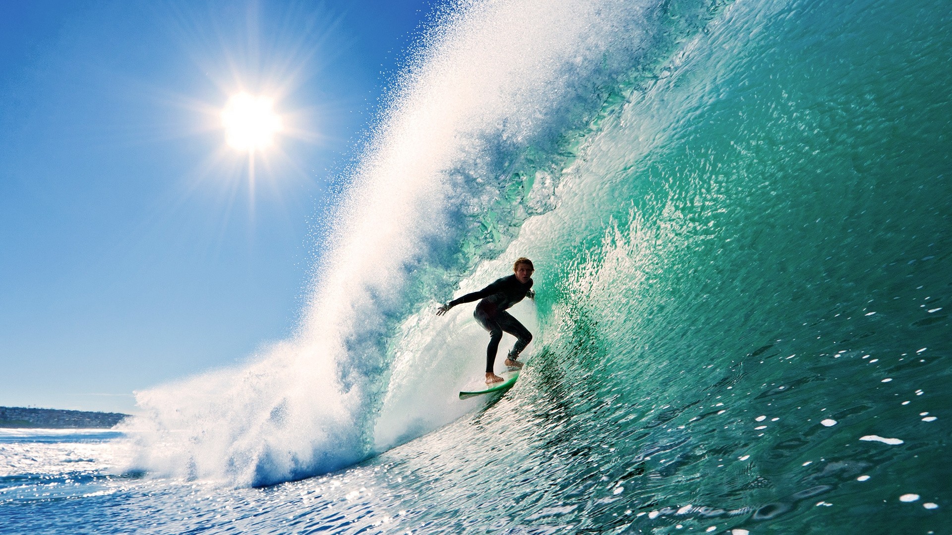 Surfista, Onda, Sole, Verde acqua, Full HD, wallpaper desktop