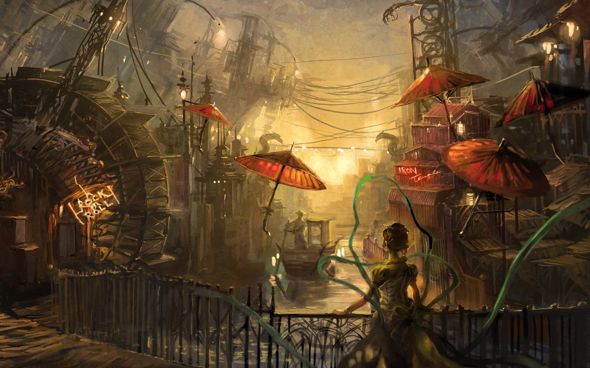Città fantastica, Ombrelli rossi, Donna, Steampunk, 1920x1200, sfondo MacBook Pro