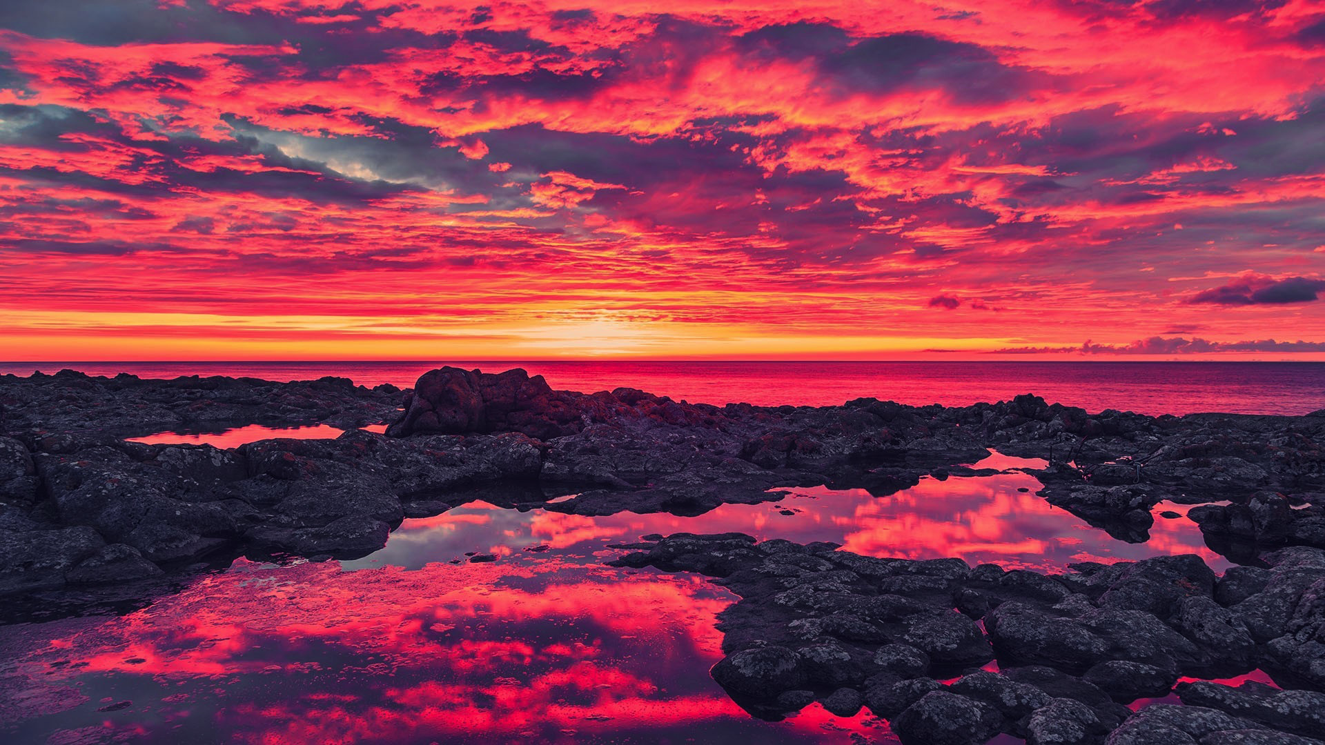 Tramonto, Cielo rosso, Rocce, Riflesso, sfondo Android