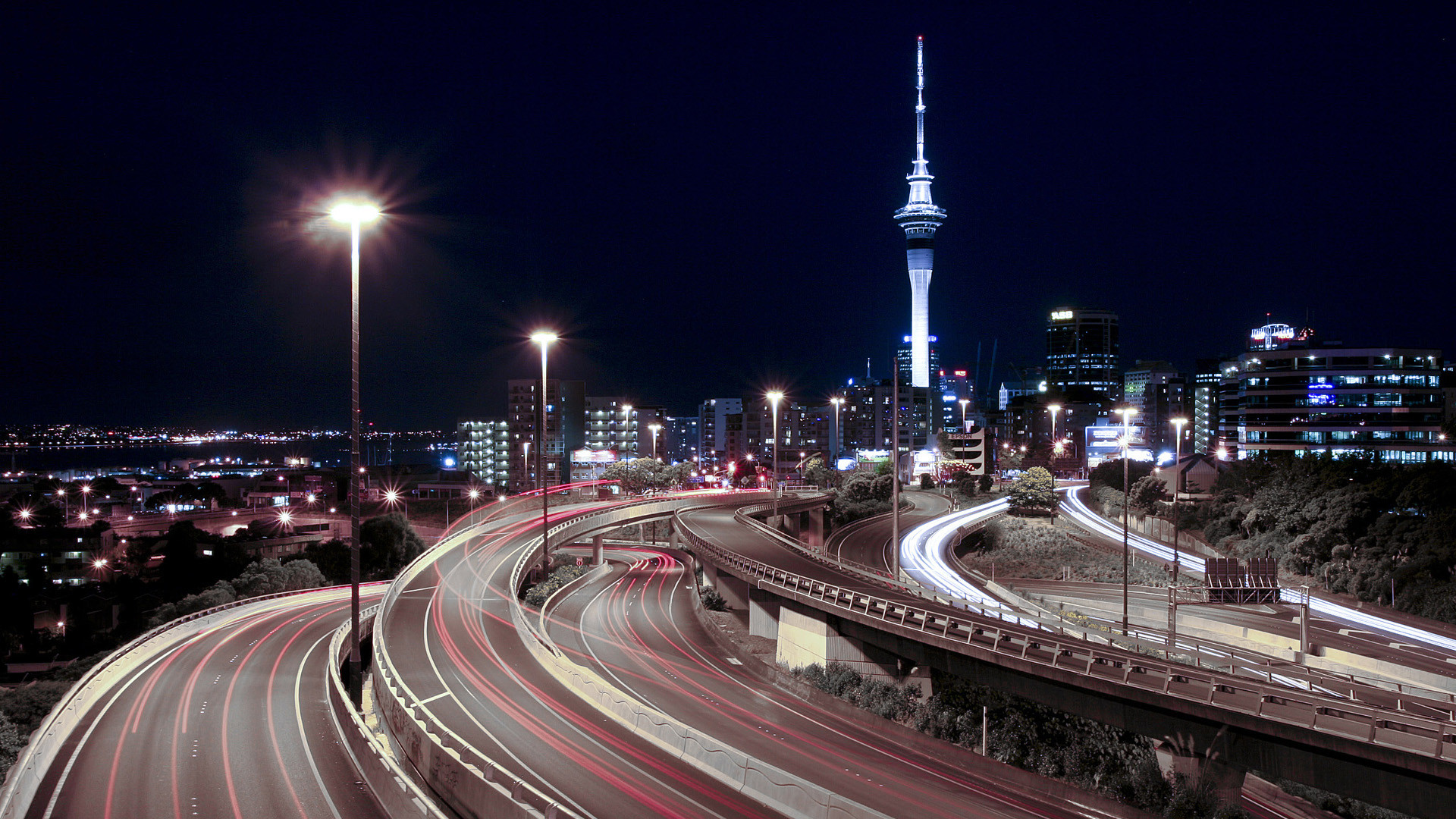Auckland, Sky Tower, Nuova Zelanda, Autostrada, Scie luminose, Full HD, sfondo per PC