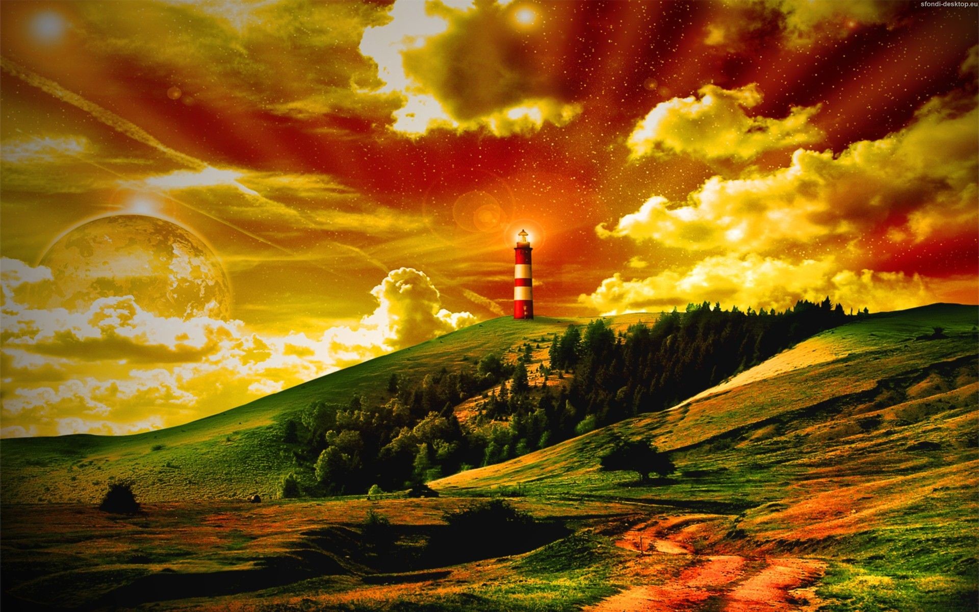 Faro, Colline, Tramonto, Cielo dorato, Nuvole, 1920x1200, sfondo MacBook Pro
