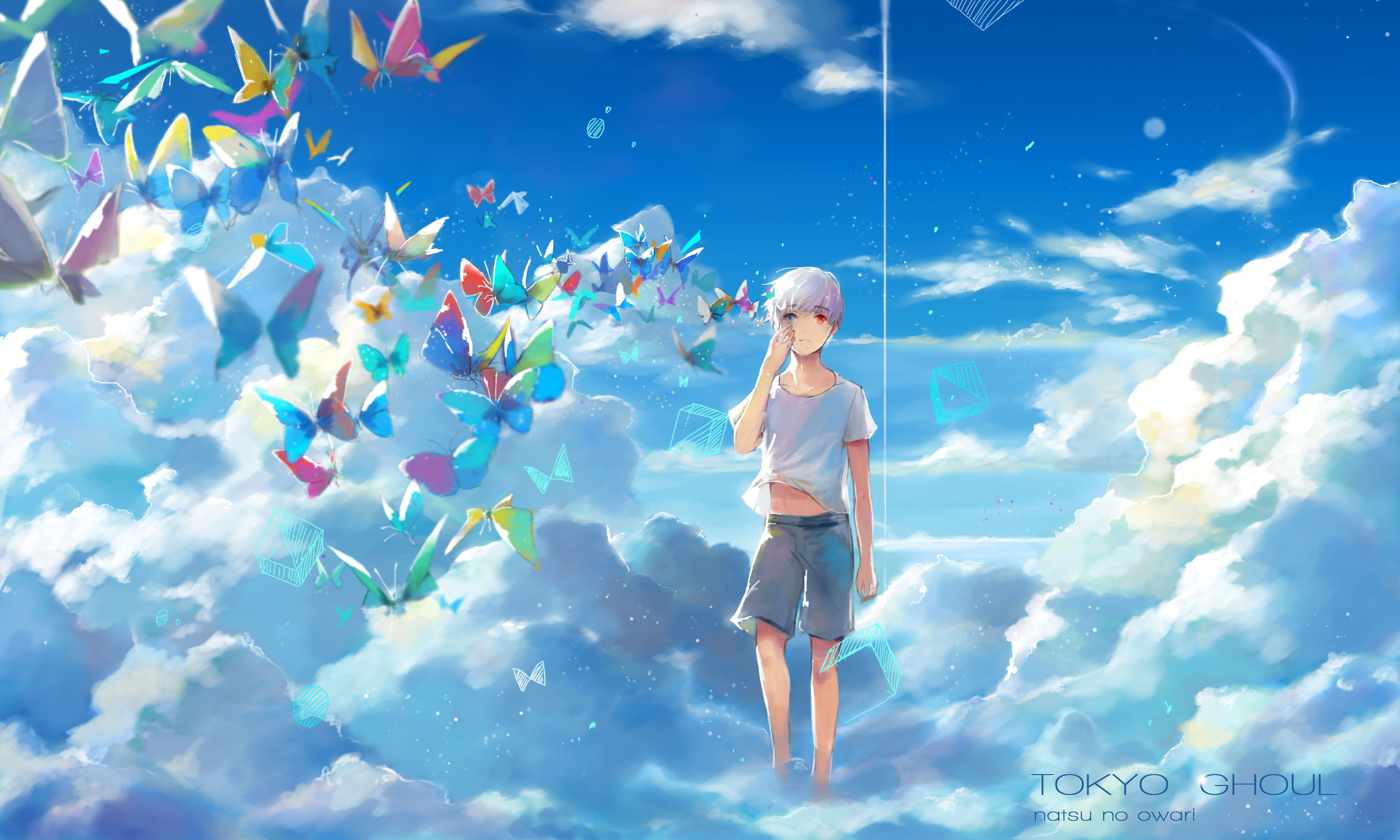 Ken Kaneki, Tokyo Ghoul, Gru di carta, Nuvole, Cielo, 2K, sfondo per PC e portatile