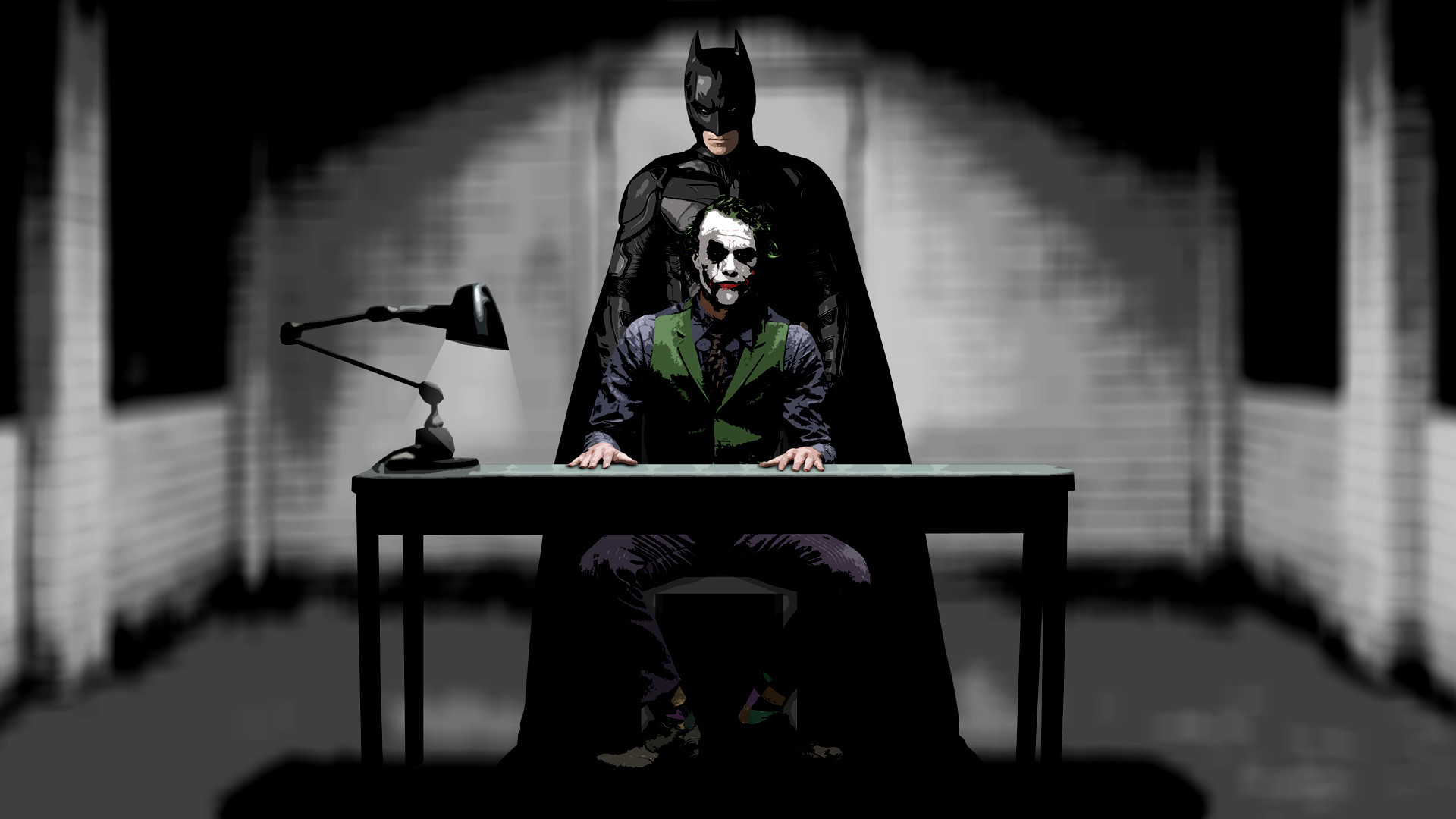 Joker, Batman, Heath Ledger, Il cavaliere oscuro, Sala interrogatori, Bianco e nero, sfondo desktop