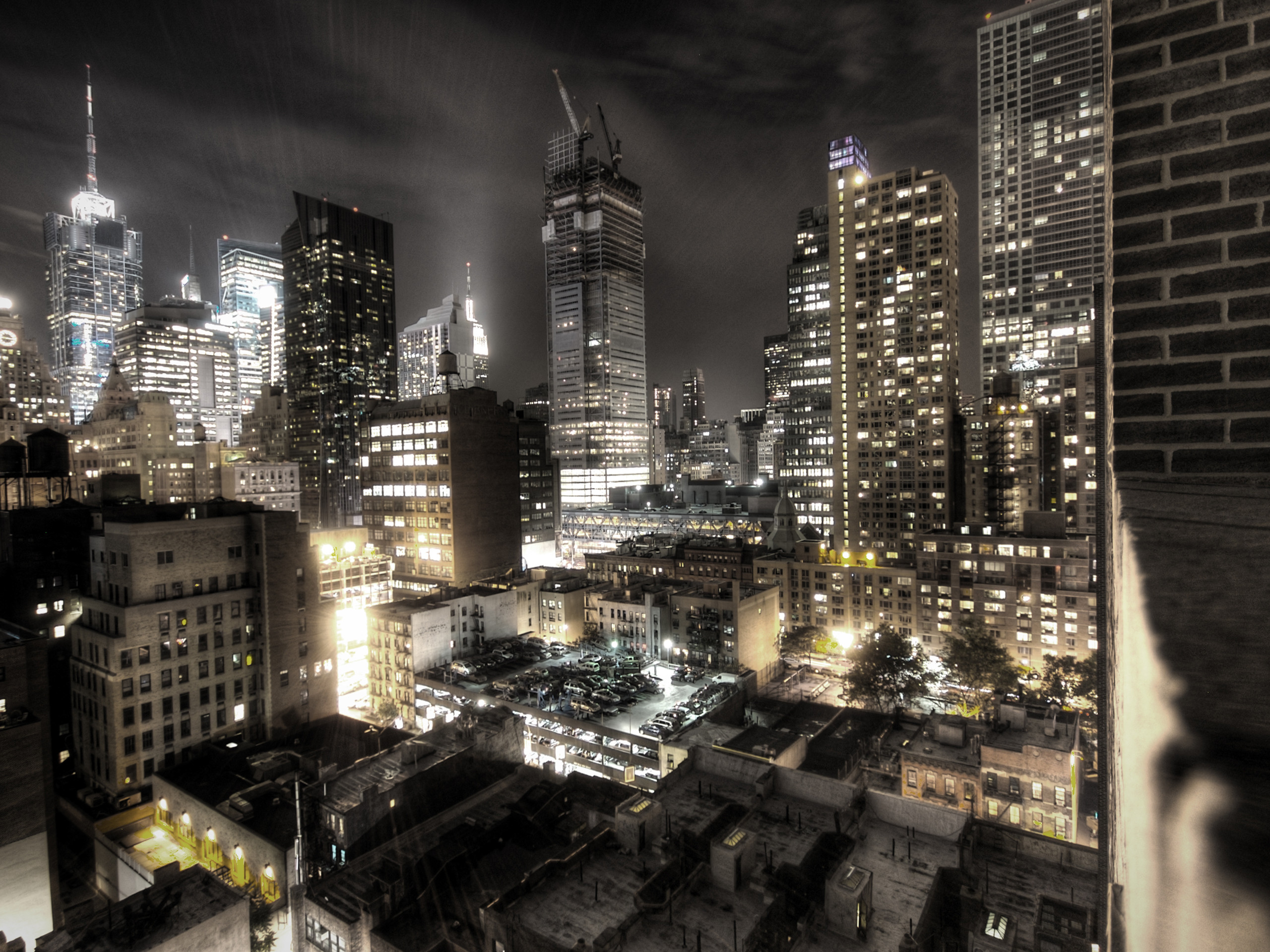 Manhattan, New York, Colore selettivo, Notte, Grattacieli, 2K, wallpaper per tablet