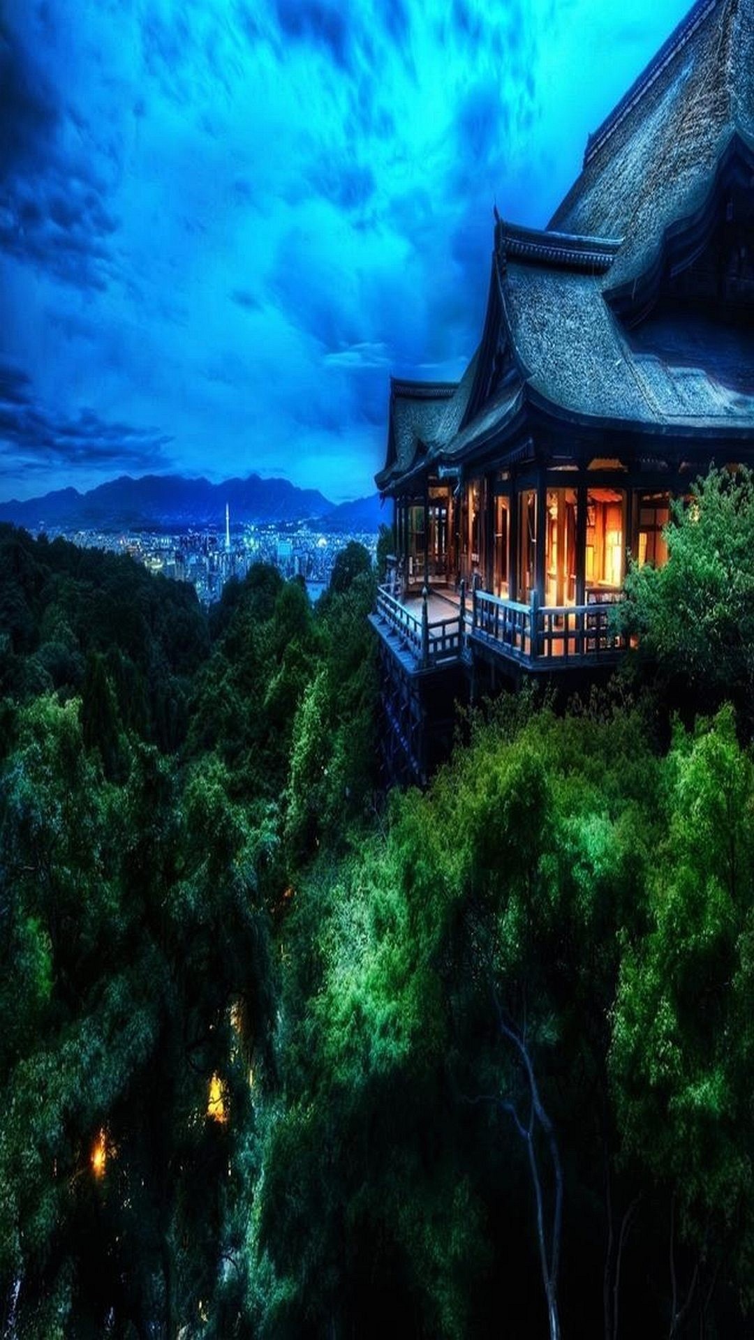 Casa sulla collina, Foresta, Notte, Nuvole, Fantasy, sfondo Full HD per smartphone