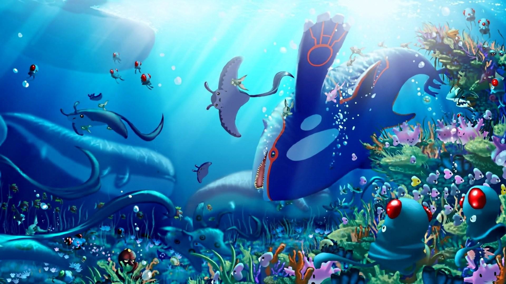 Kyogre, Pokémon, Fondale marino, Mantine, Blu, Full HD, sfondo Windows 11