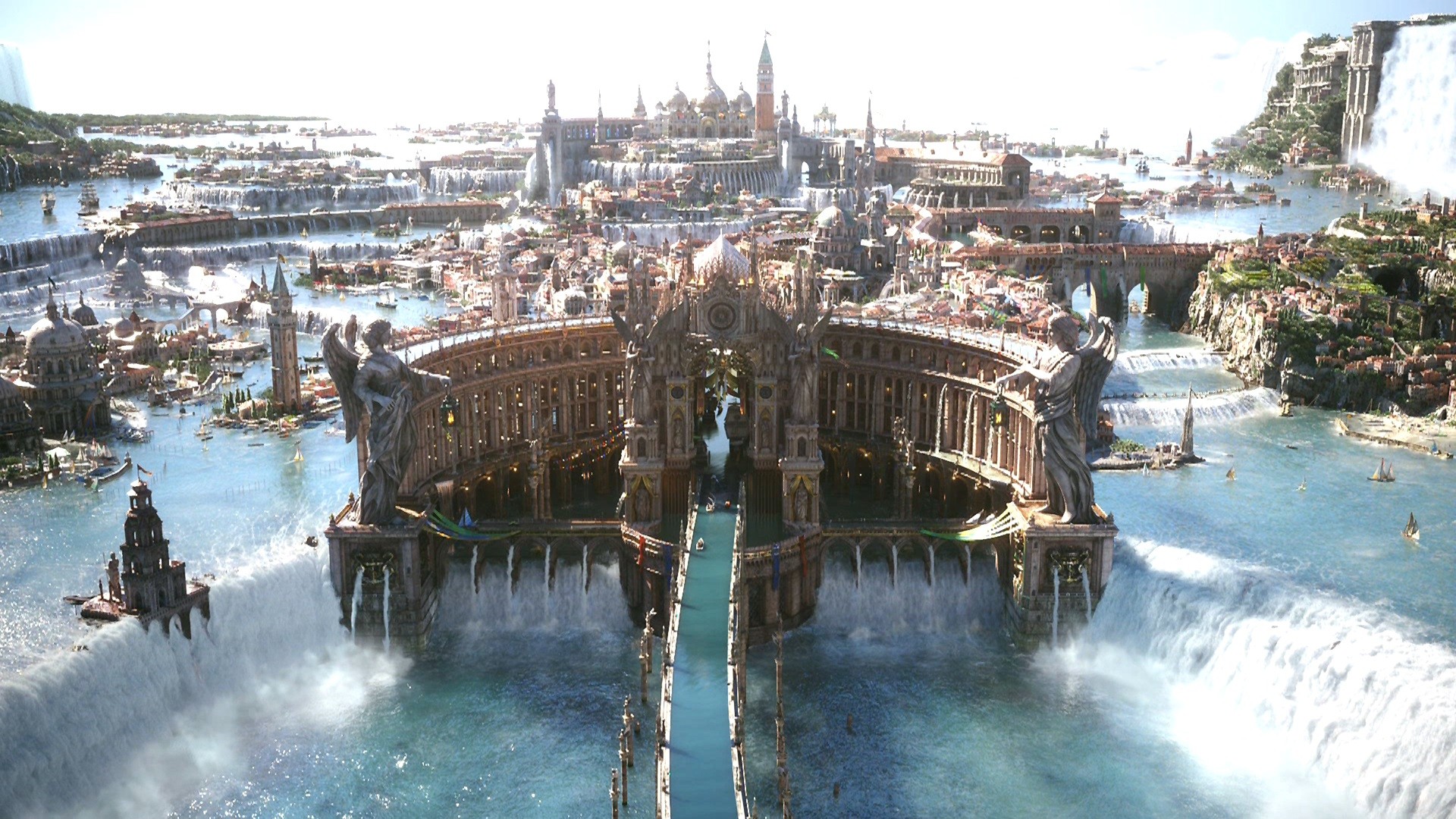 Altissia, Final Fantasy XV, Città sull'acqua, Cascate, 16:9 Full HD, wallpaper widescreen