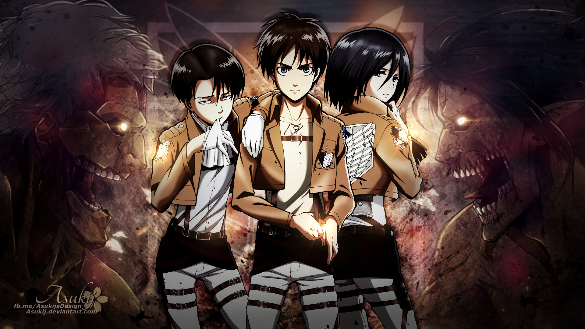 Levi Ackerman, Eren Jaeger, Mikasa Ackerman, L'attacco dei giganti, sfondo per portatile