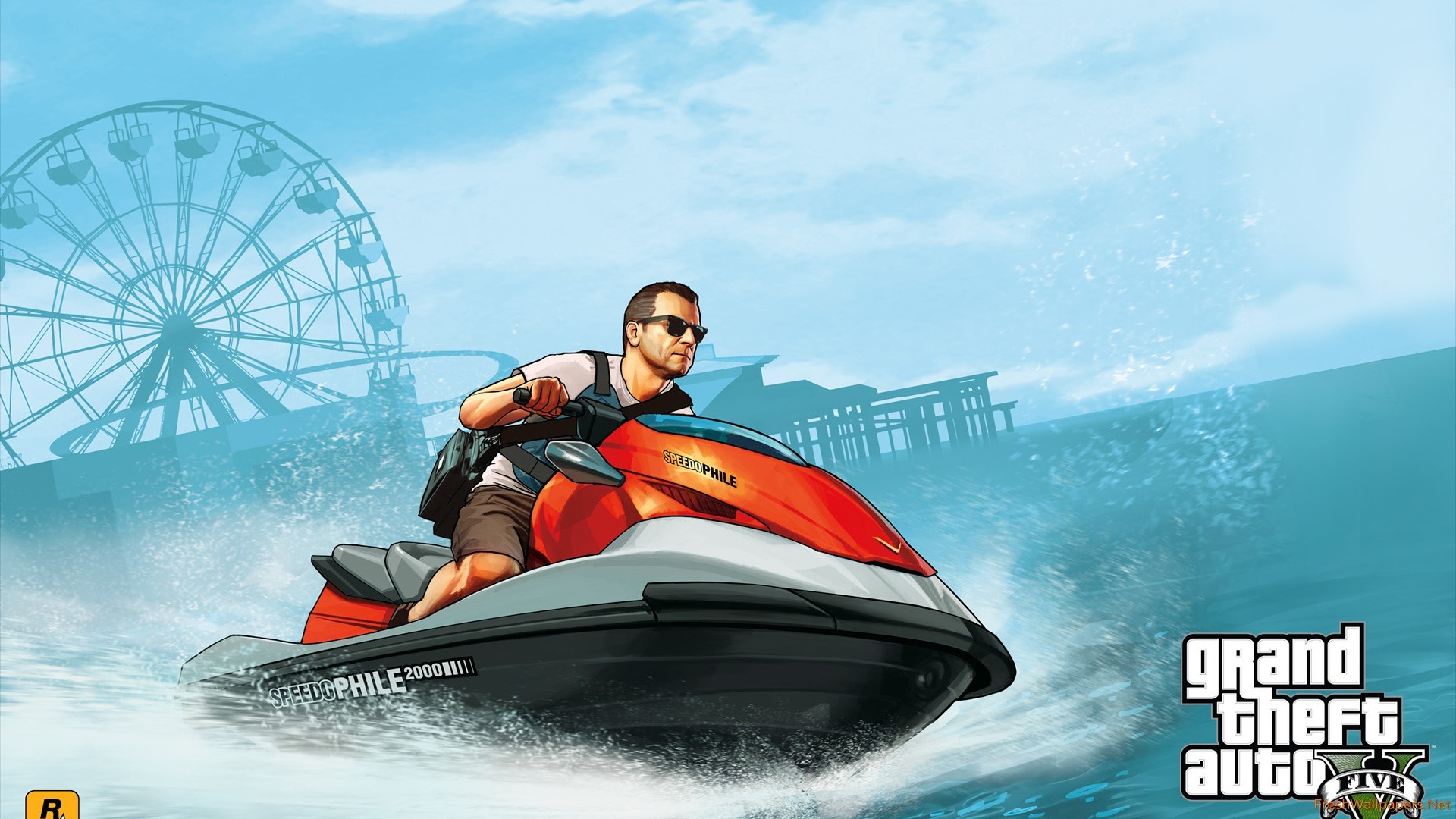 Michael De Santa, Grand Theft Auto V, Moto d'acqua, Ruota panoramica, Mare, sfondo Windows 11