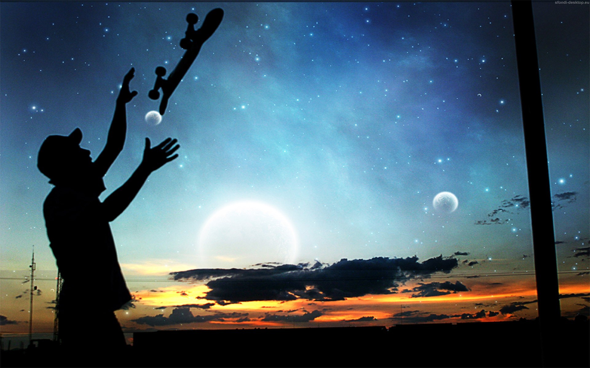 Silhouette, Skateboard, Pianeti, Fantasy, Stelle, Full HD, wallpaper desktop