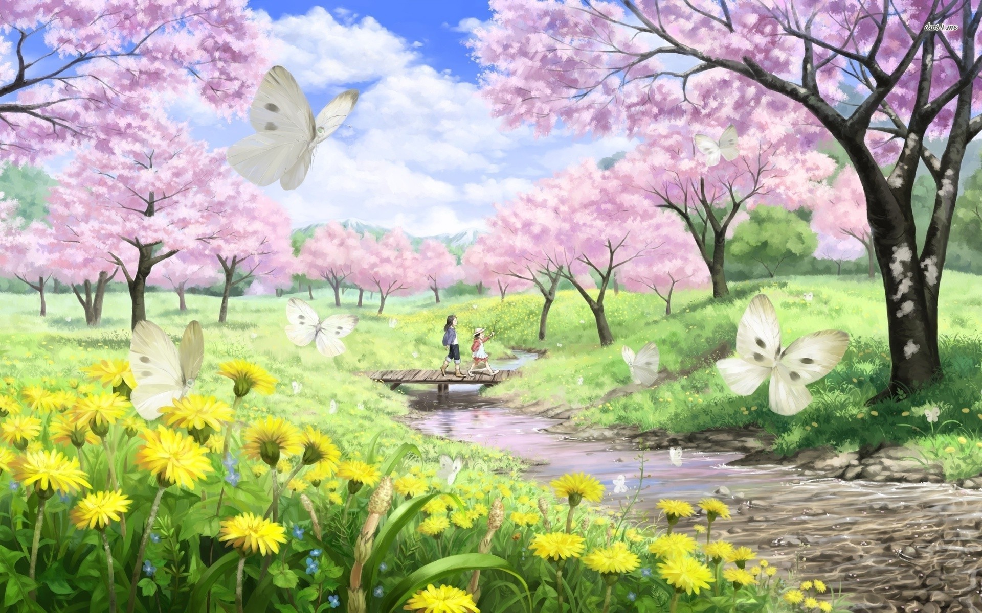 Ciliegi in fiore, Farfalle, Primavera, Illustrazione, Full HD, sfondo per desktop
