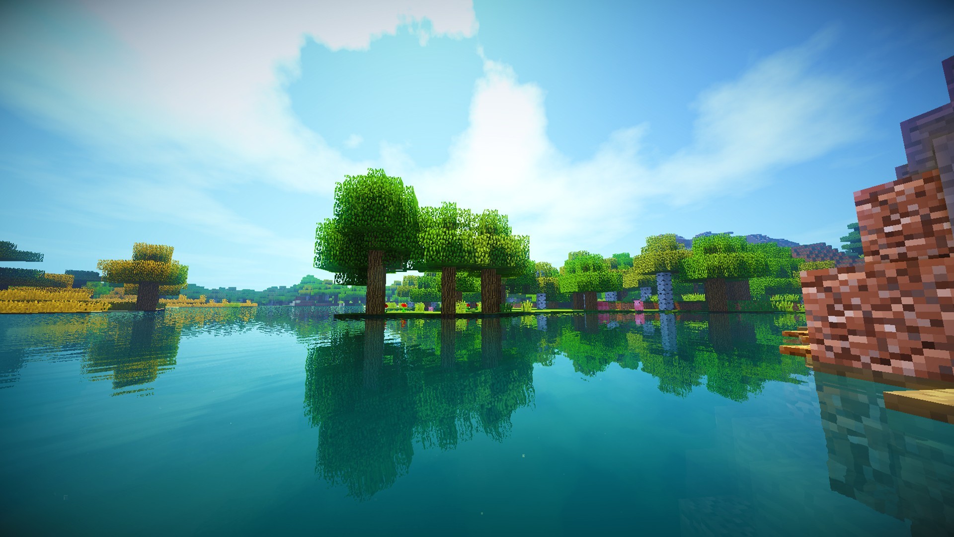 Minecraft, Lago, Alberi, Nuvole, Shader, 16:9 Full HD, sfondo widescreen