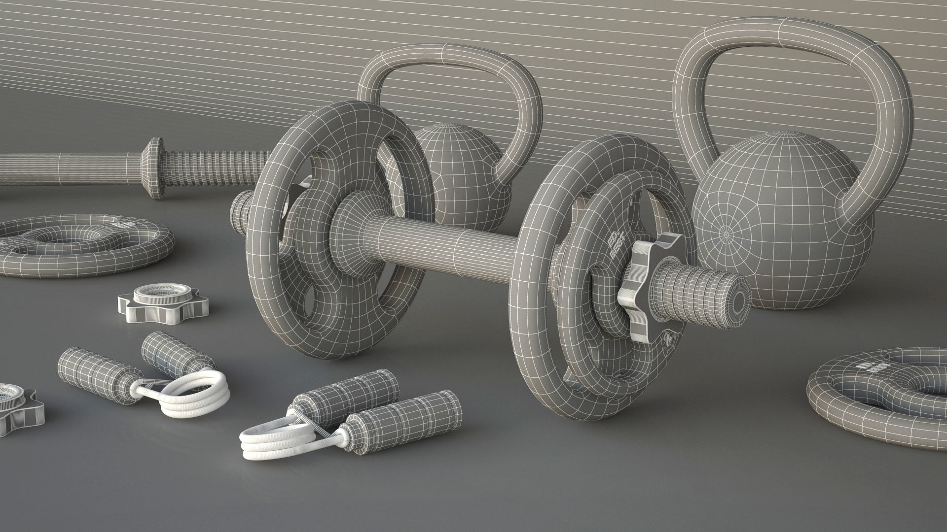 Manubri, Kettlebell, Wireframe, Rendering 3D, 16:9 Full HD, sfondo widescreen