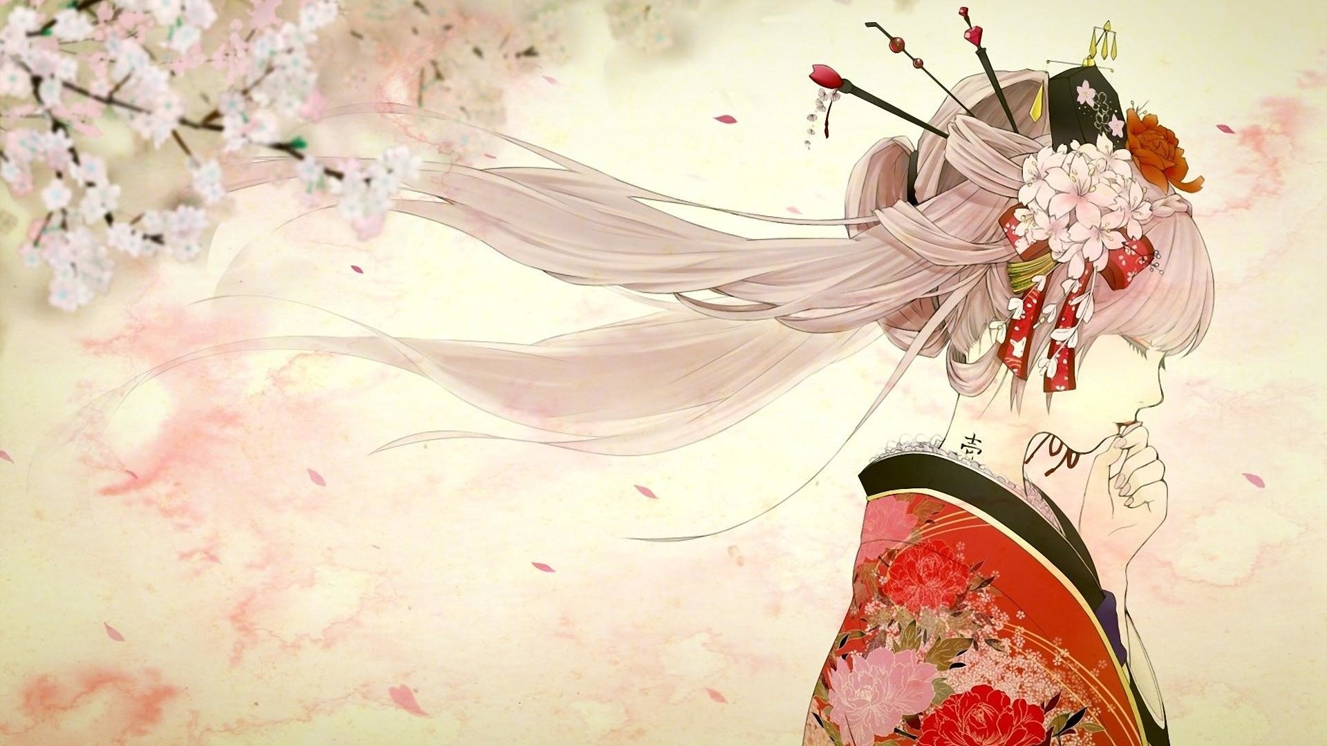 Ragazza anime, Kimono, Kanzashi, Fiori di ciliegio, Full HD, sfondo desktop