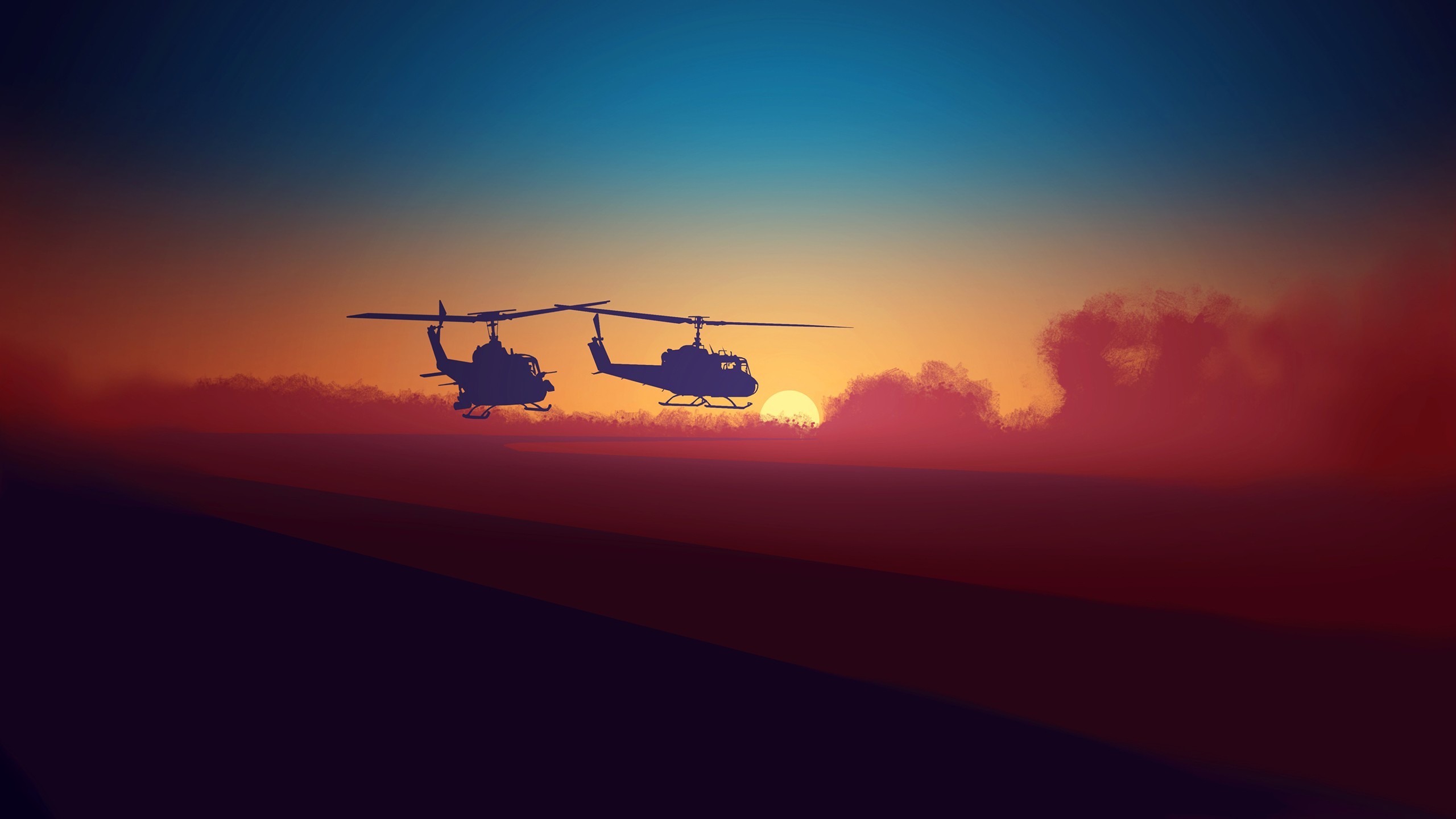 Elicotteri, Tramonto, Silhouette, Rosso, 2K 1440p, sfondo desktop