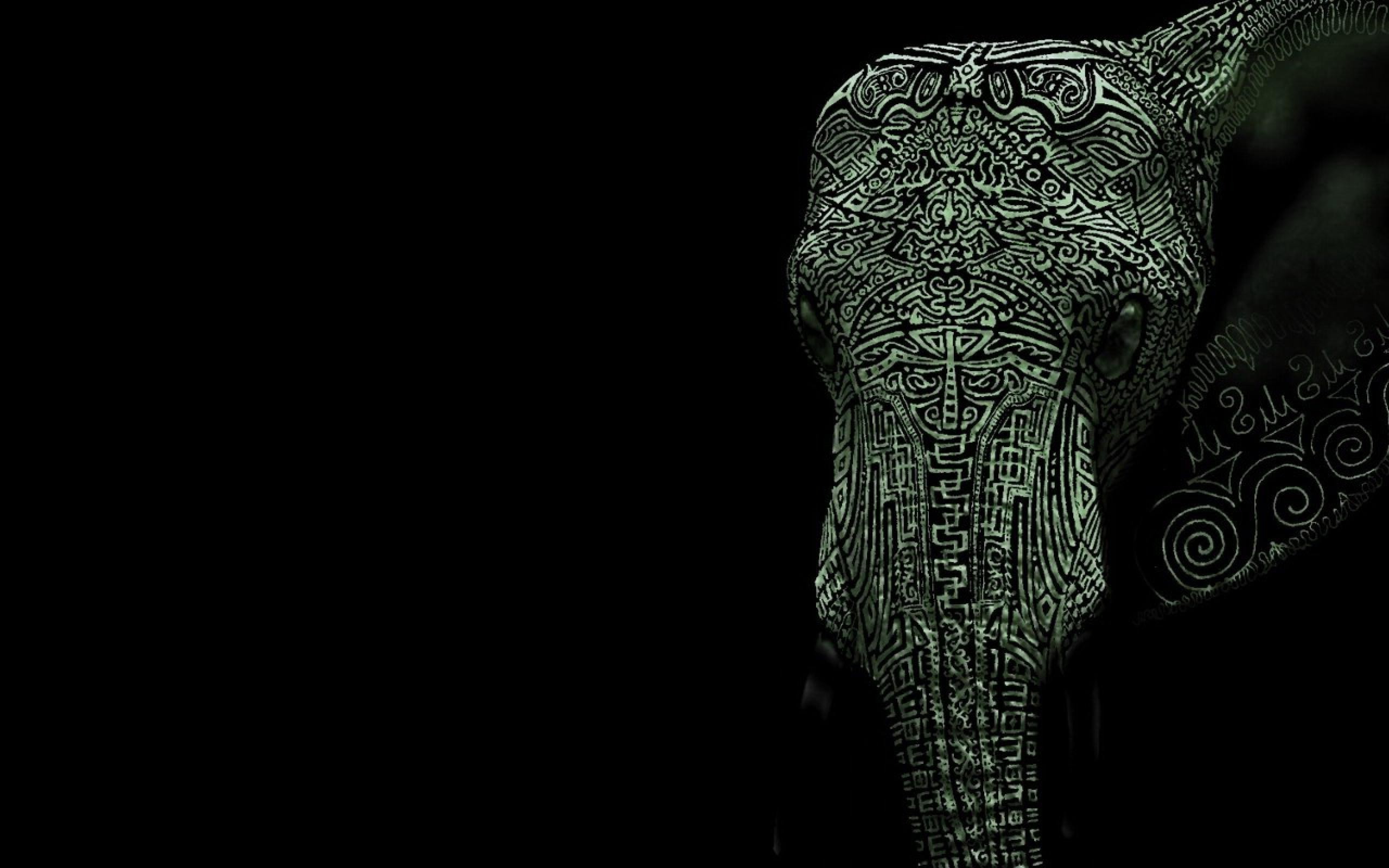 Elefante, Motivi tribali, Tatuaggio, Sfondo nero, 2K, wallpaper per computer