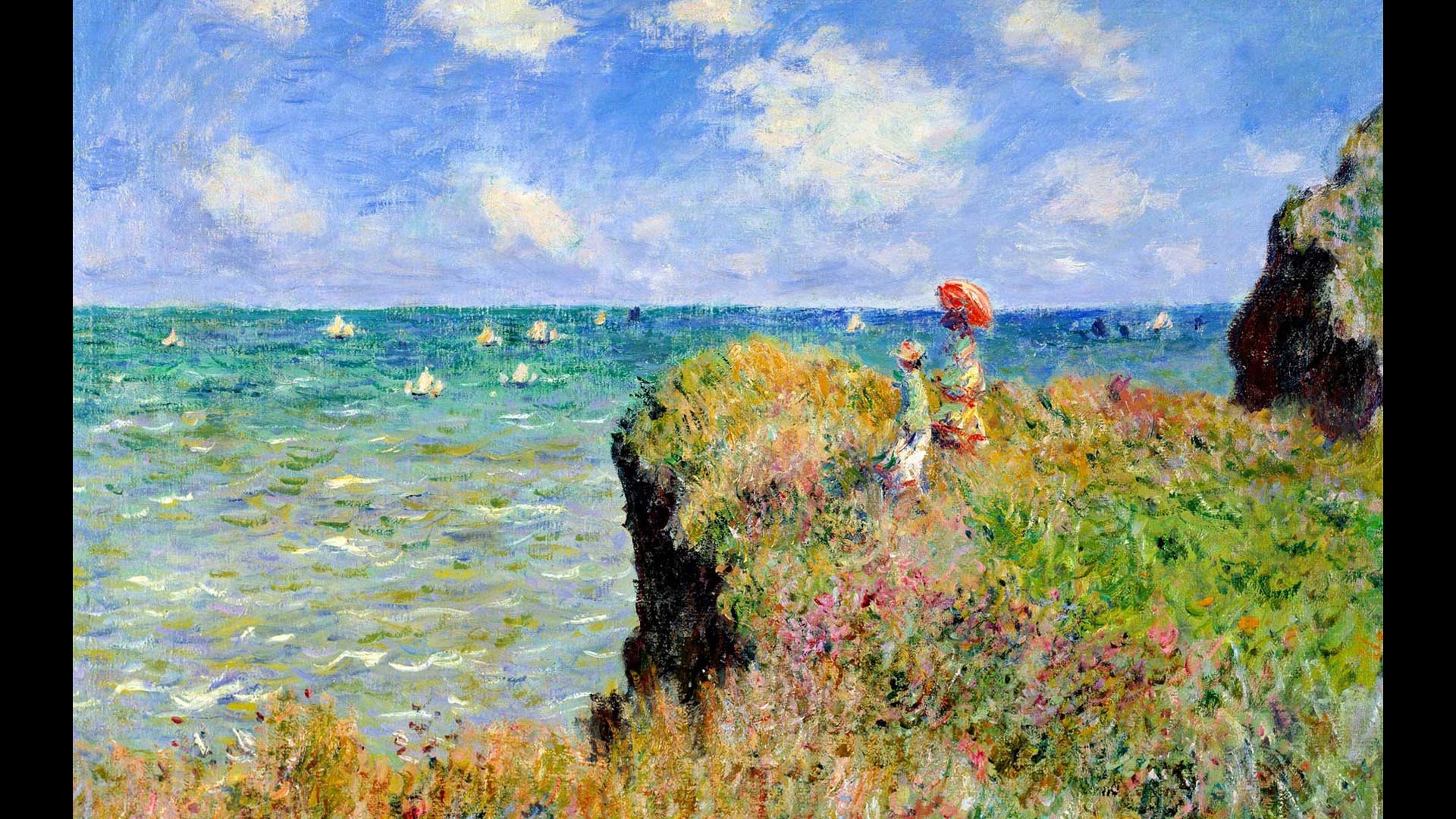 Claude Monet, Passeggiata sulla scogliera a Pourville, Impressionismo, Mare, Scogliera, sfondo Full HD