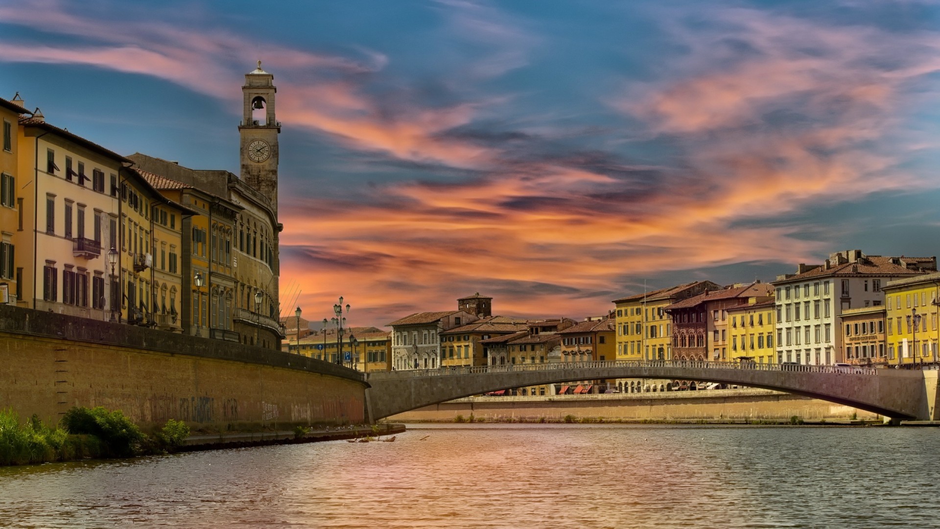 Pisa, Arno, Lungarno, Toscana, Italia, Tramonto, 1920x1080, immagine di sfondo
