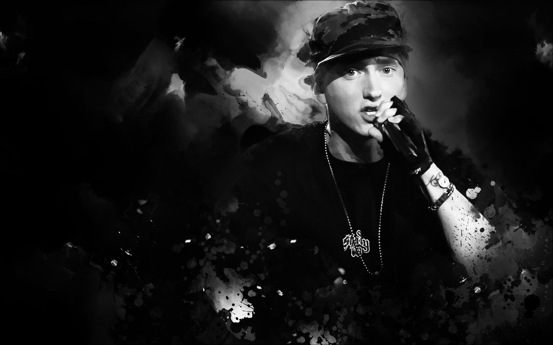 Eminem, Microfono, Cappellino, Bianco e nero, 16:10 Full HD, sfondo widescreen