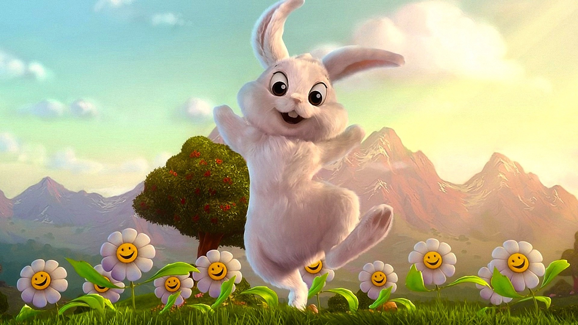 Coniglietto pasquale, Pasqua, Cartone animato, Margherite, Montagne, sfondo desktop Full HD
