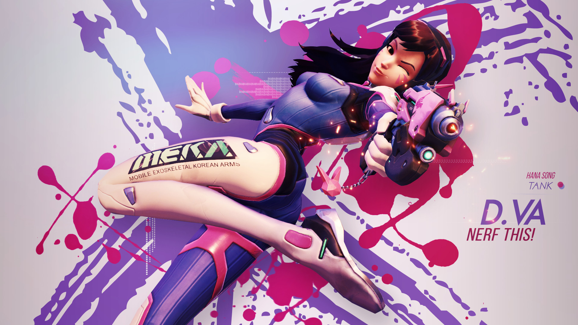 D.Va, Overwatch, Nerf This!, Schizzi di vernice, Viola, Full HD 1080p, sfondo desktop
