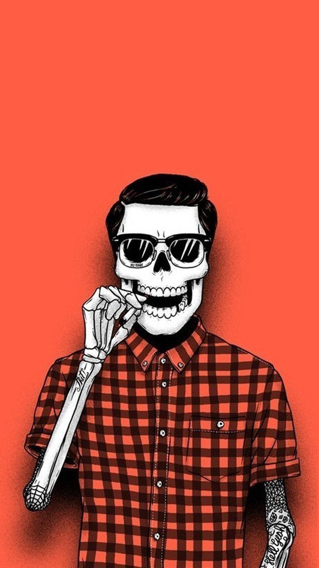 Teschio hipster, Occhiali, Camicia a quadri, Sfondo arancione, Illustrazione, schermata di blocco