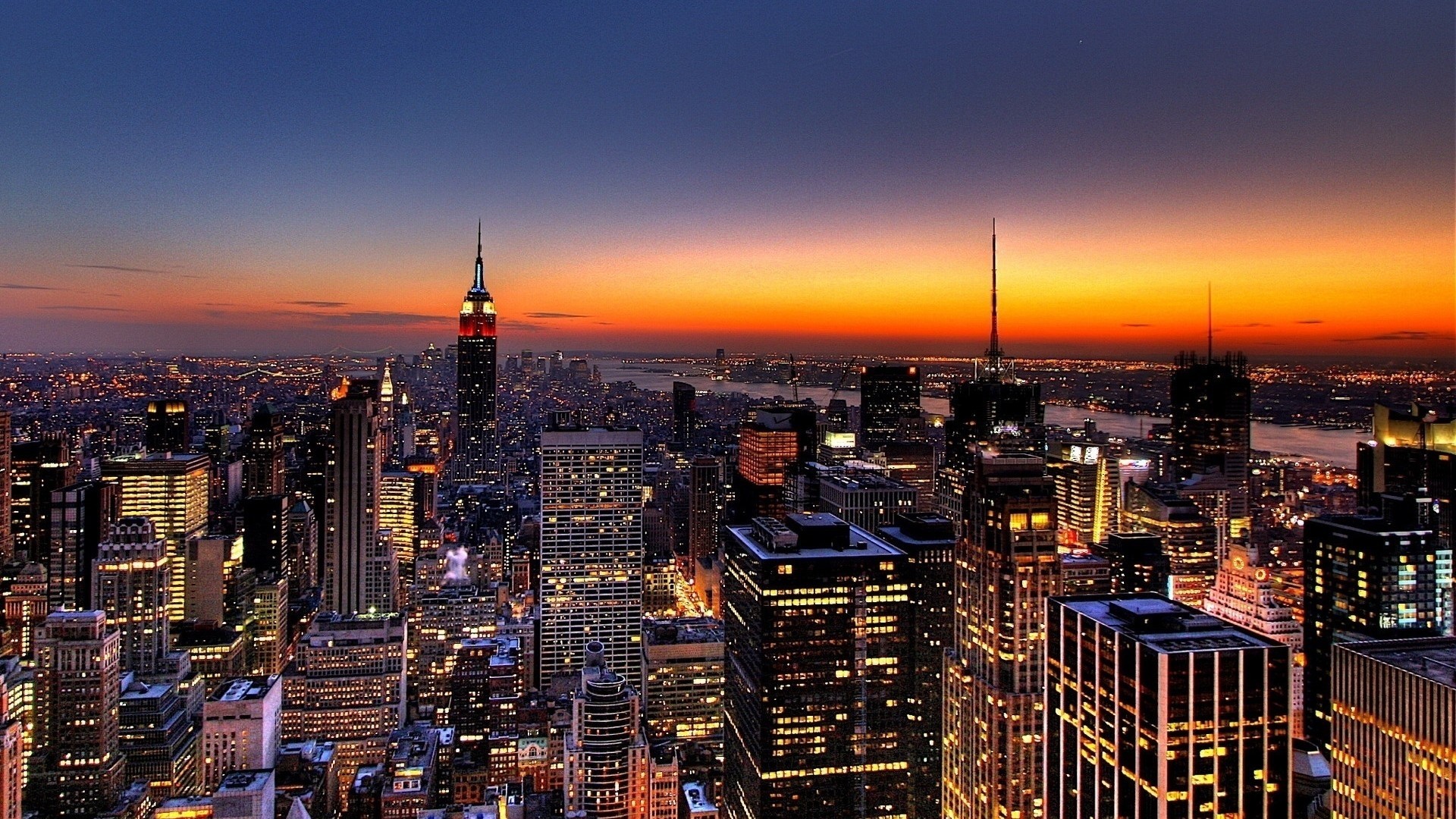 Empire State Building, Manhattan, Tramonto, Skyline, 1920x1080, immagine di sfondo