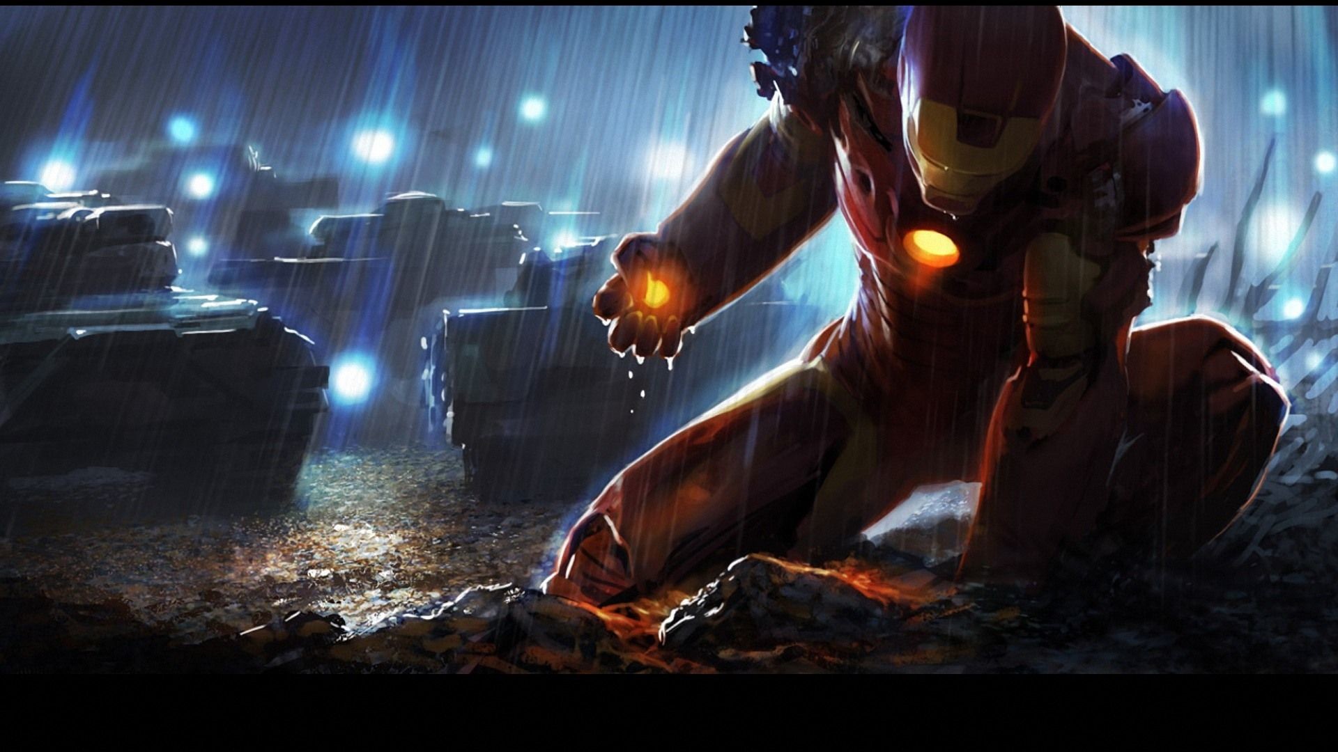 Iron Man, Pioggia, Carri armati, Arte digitale, Full HD, sfondo Windows 11