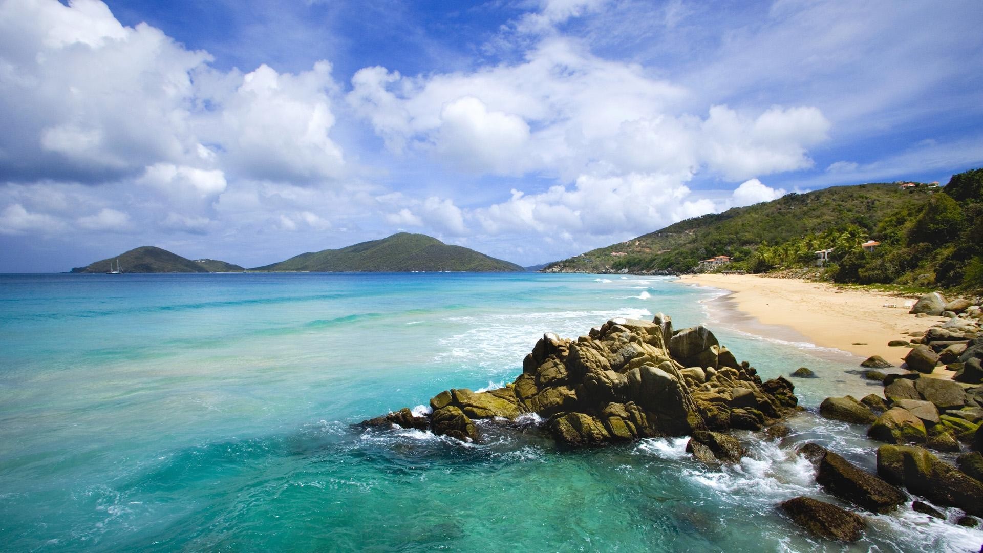 Costa, Spiaggia, Mare turchese, Nuvole, sfondo PC Full HD