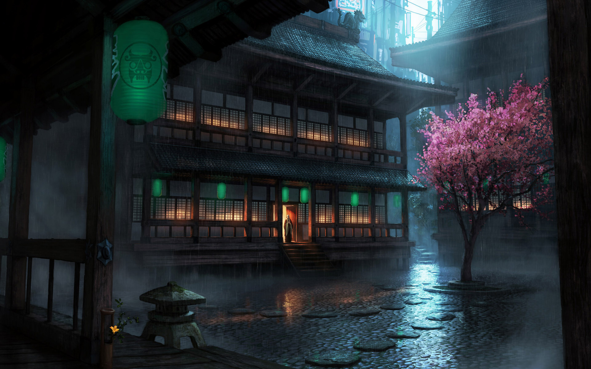 Giappone, Ryokan, Ciliegio, Pioggia, Arte digitale, 1920x1200, wallpaper desktop