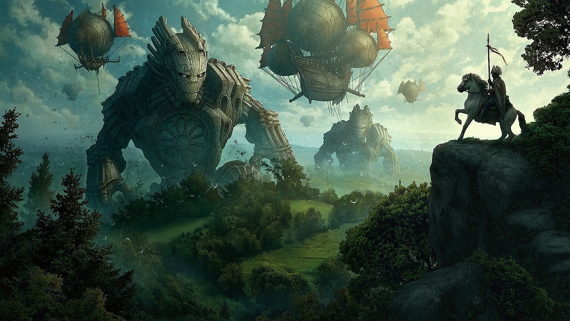 Golem di pietra, Dirigibili, Cavaliere a cavallo, Fantasy, Foresta, sfondo Full HD per computer