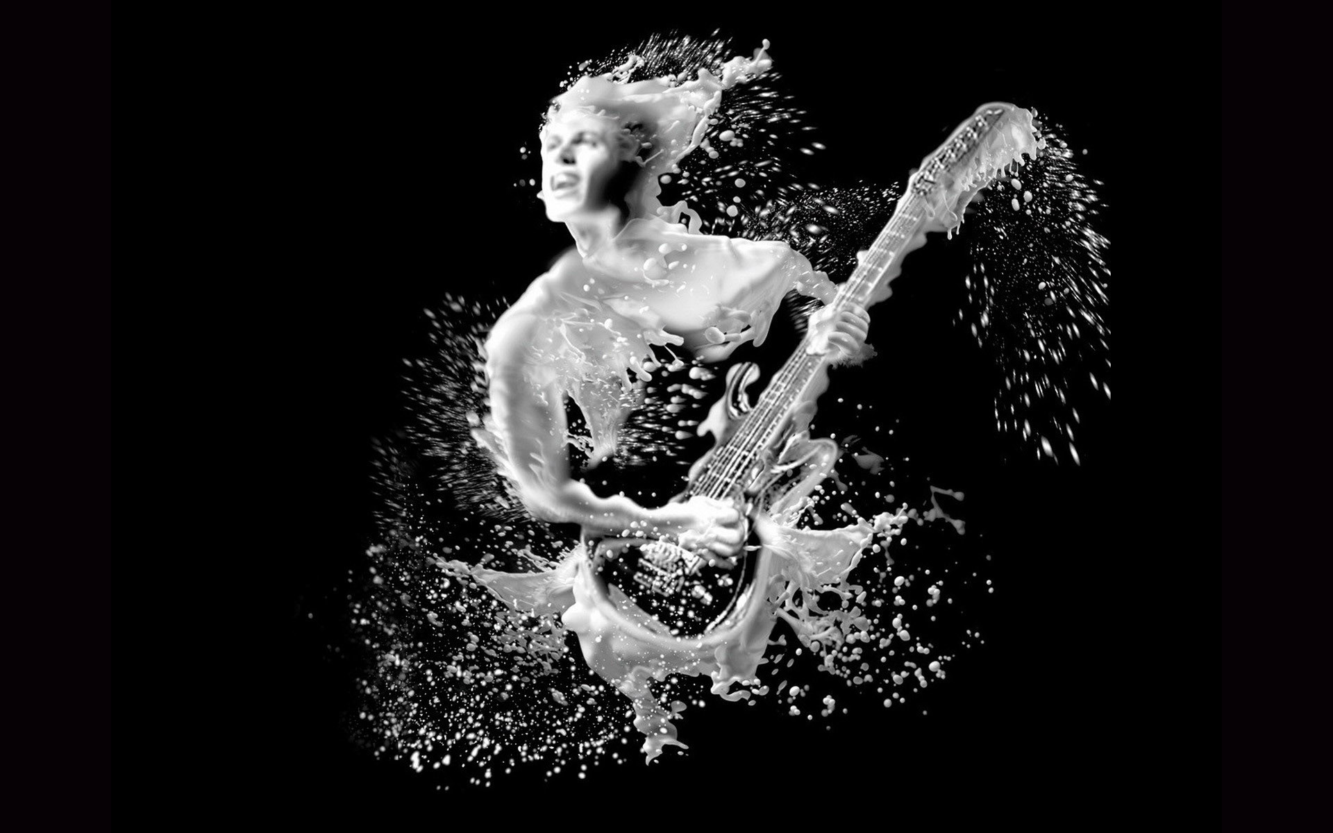 Chitarrista, Chitarra elettrica, Spruzzi d'acqua, Bianco e nero, sfondo 16:10 Full HD