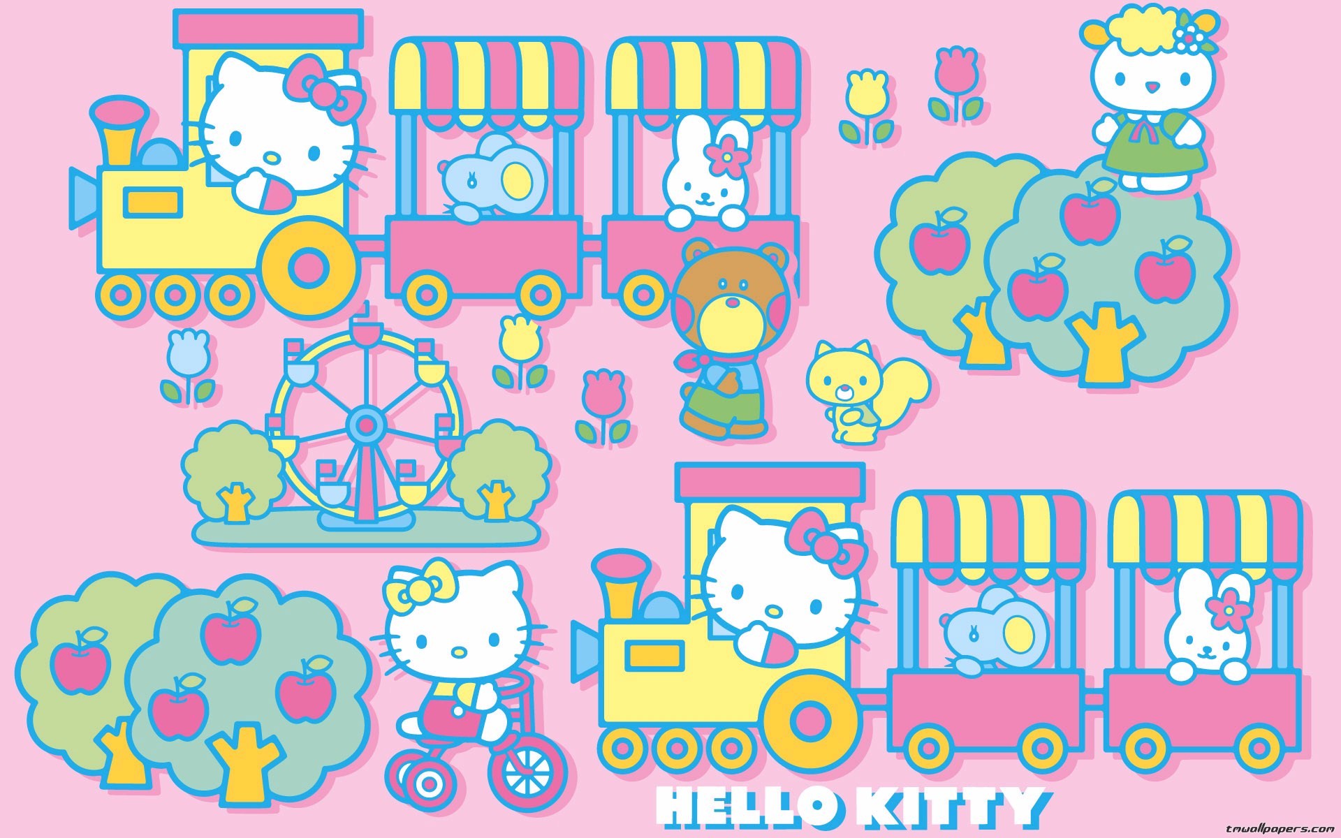 Hello Kitty, Trenino, Ruota panoramica, Alberi, Rosa, Full HD, sfondo per PC e portatile