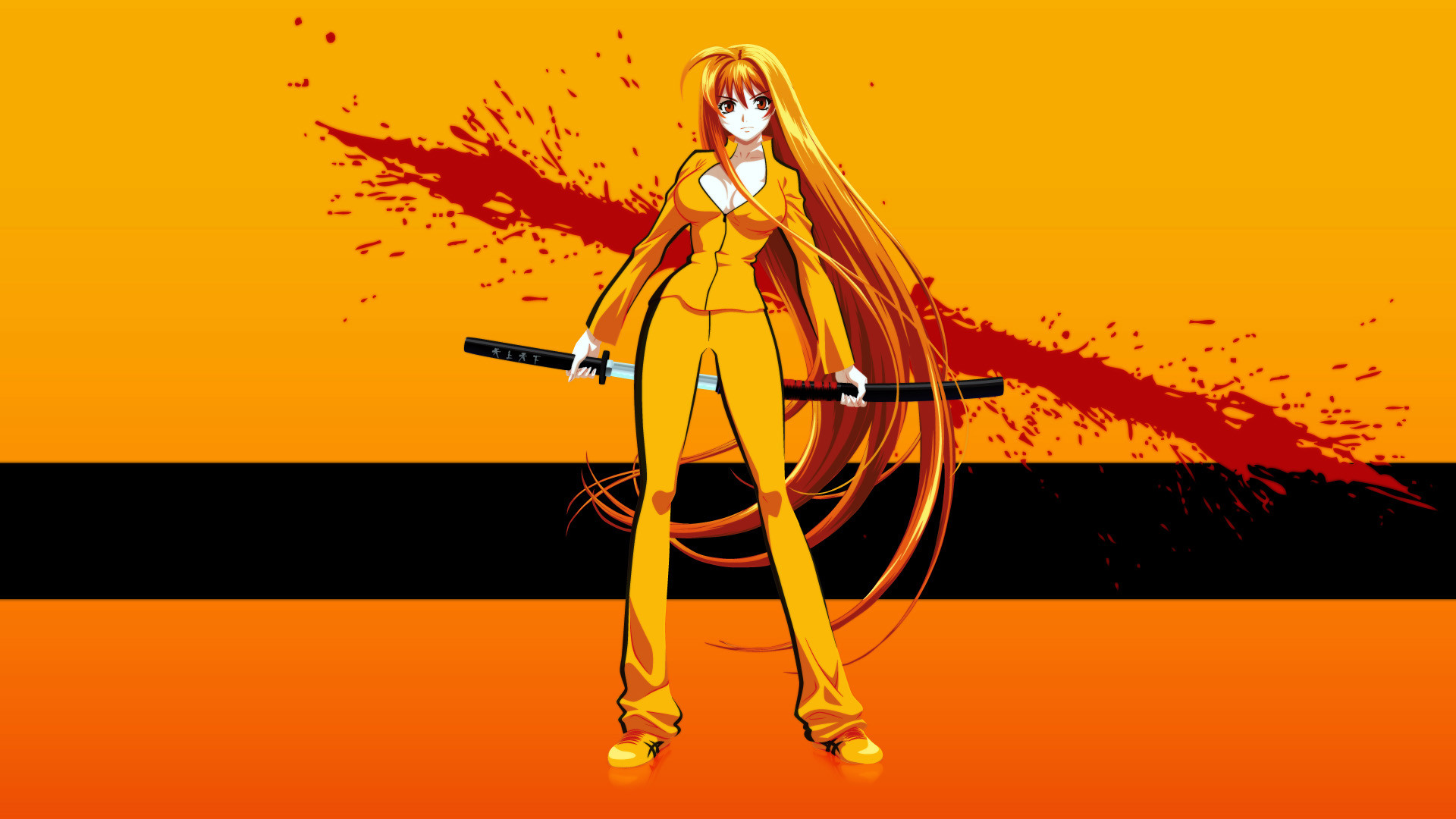 Kill Bill, Parodia anime, Tuta gialla, Katana, Schizzi di sangue, sfondo Full HD per PC